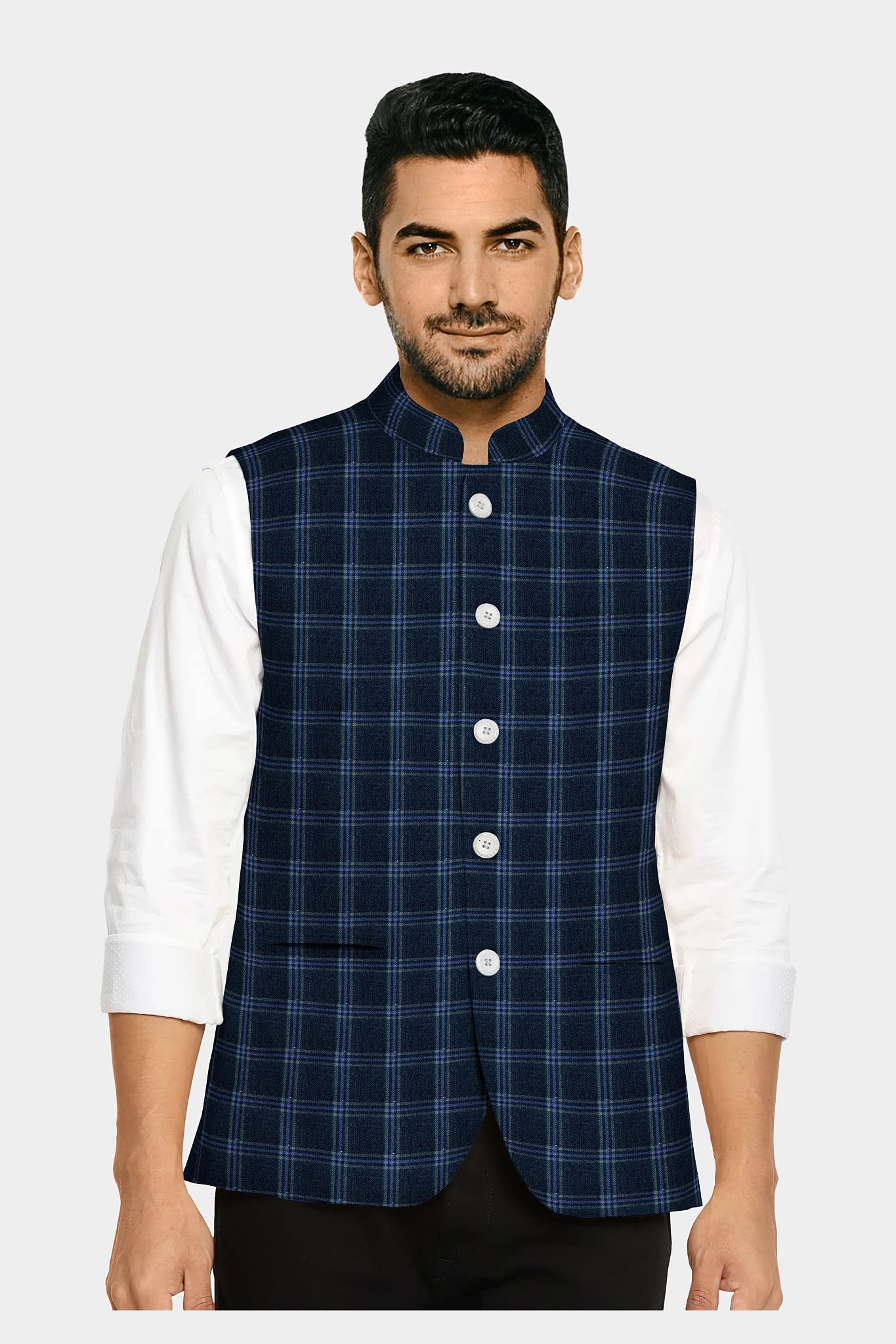 Kundan Sulz Gwalior Men's Un-Stitch Heavy Weighted Checks Pattern Jacket Fabric (1.00 Meters; Dark Blue)-picture-37