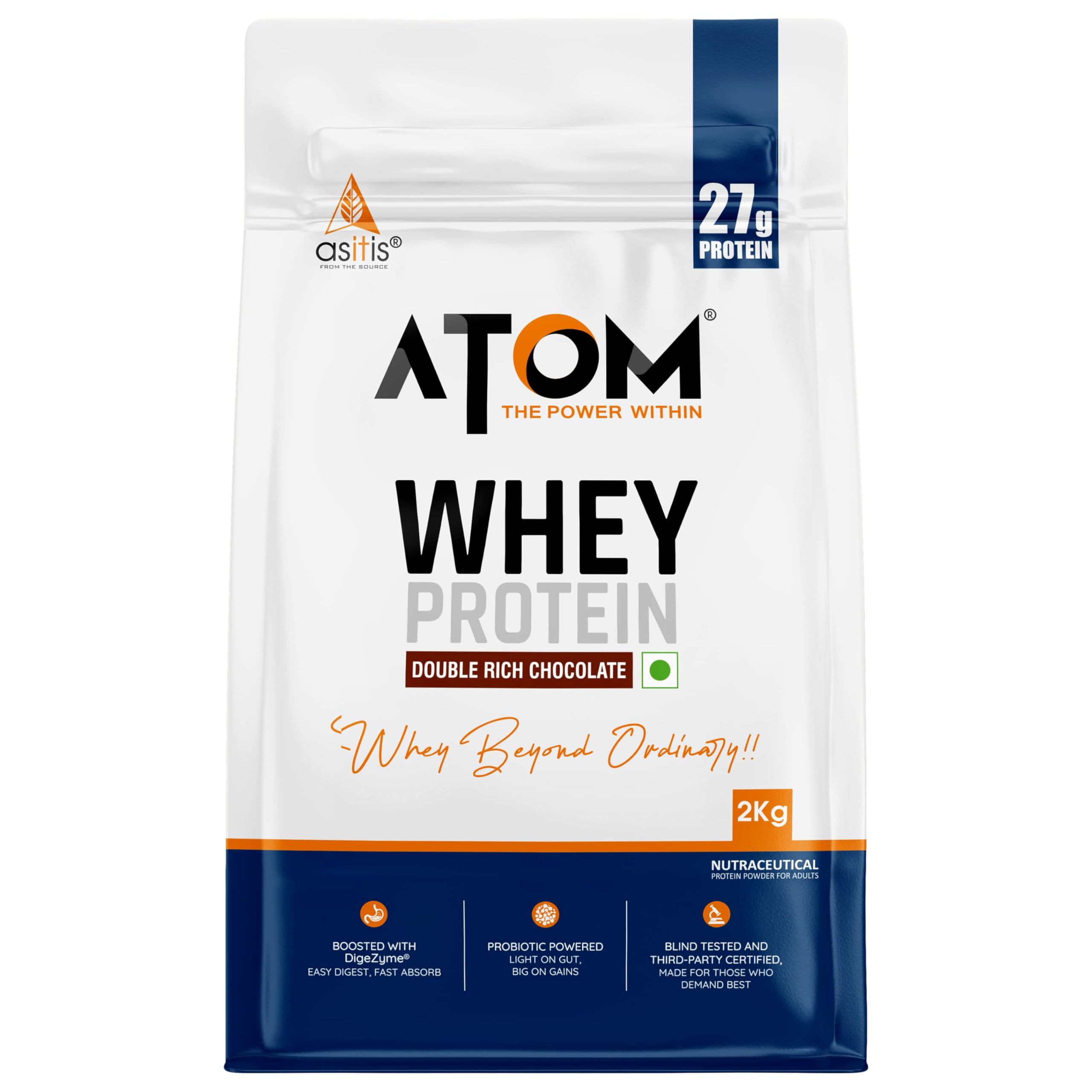 AS-IT-IS ATOM Whey Protein 2kg | 27g protein | Isolate & Concentrate | Double Rich Chocolate | USA Labdoor Certified | With Digestive Enzymes for better absorption