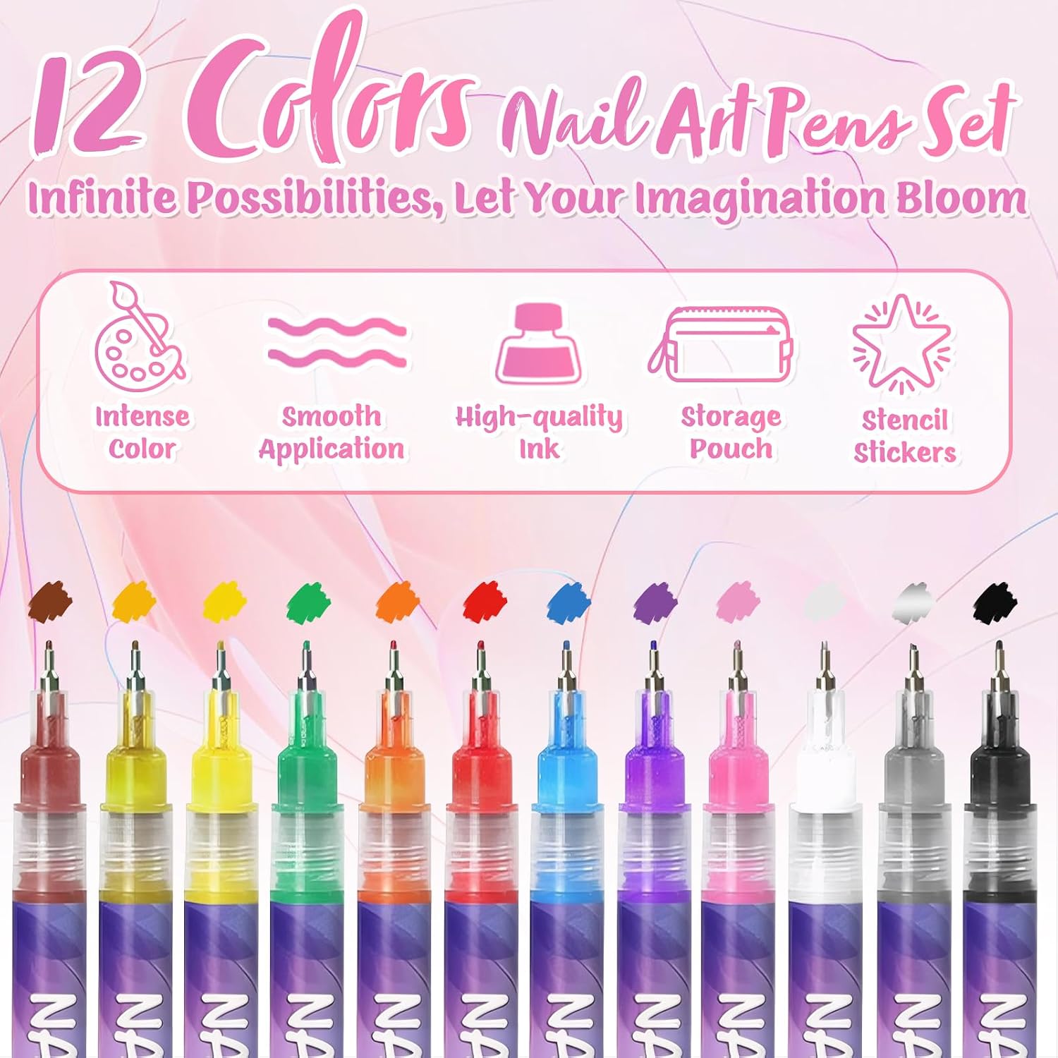 Nail Art Pens Markers Set, 12 Colors Nail Design Drawing Pens with 0.5mm Fine Tip, Quick-Dry Waterproof Nail Polish Pens for Acrylic Gel Natural Nails, with Storage Pouch & Cute Stencil Stickers