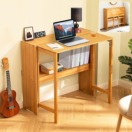 Bamboo Folding Desk,Space-Saving Computer Desk for Small Spaces, Foldable Study Table for Bedroom, Home Office, Dorm, Apartment (Brown) main image 0