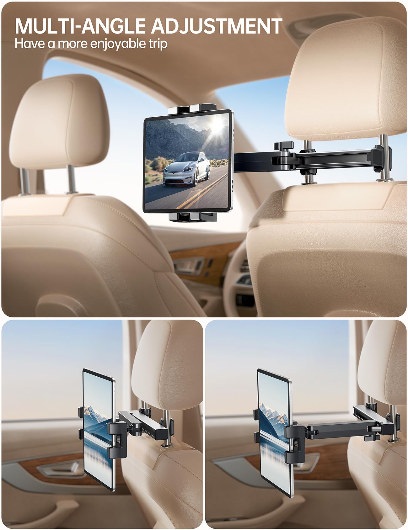 Coolpow Soporte de Reposacabezas para Tablet y Móvil - Brazo Telescópico de Doble Eje, Compatible con iPad, Samsung Tab, Switch y Otros 4.7-12.9" Dispositivos