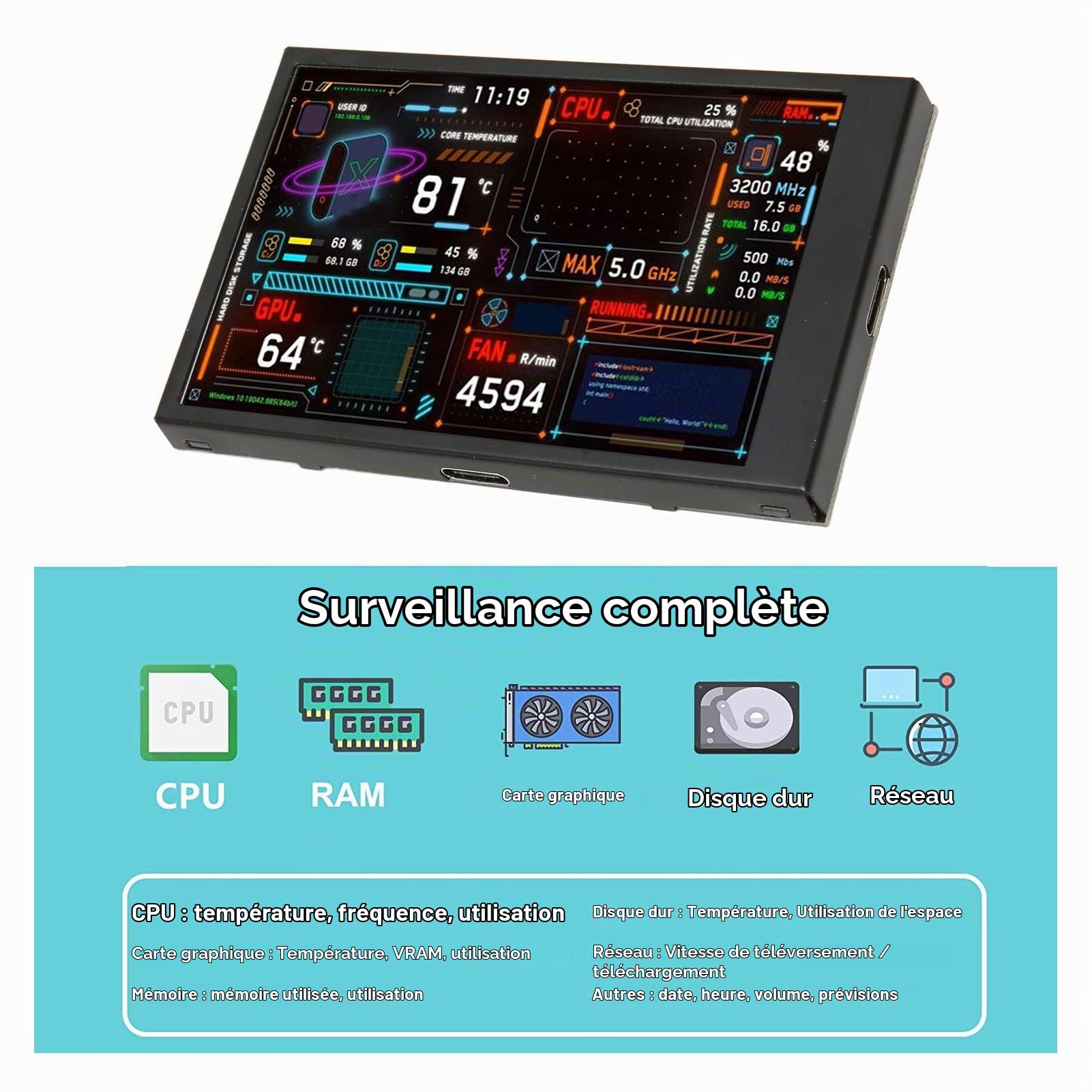Mini écran IPS 3,5 Pouces, écran de Panneau de Capteur de PC, Moniteur de Température D'ordinateur USB, écran Secondaire PC pour CPU, GPU,RAM, FPS et Données HDD, etc.