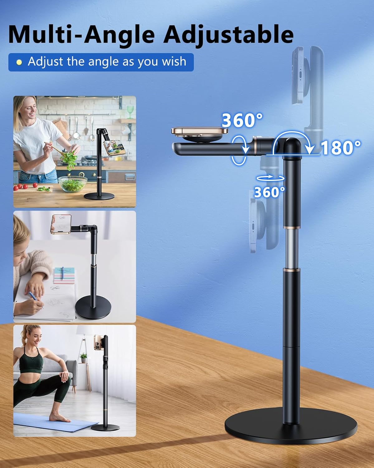 Angle Height Adjustable Magnetic Phone Stand for Desk [10"-25"] - Retractable Cell Phone Holder for Video Recording Cooking Excising Working -Aluminum iPhone 17 16 15 14 Pro Max Air Stand
