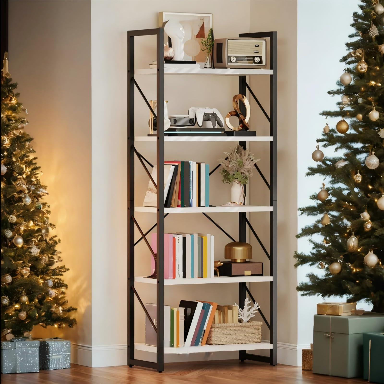 DWVO 5 Tier Bookshelf, White Bookase Storage Organizer, Modern Book Shelf Storage Rack Shelves for Bedroom, Living Room, Home Office, White