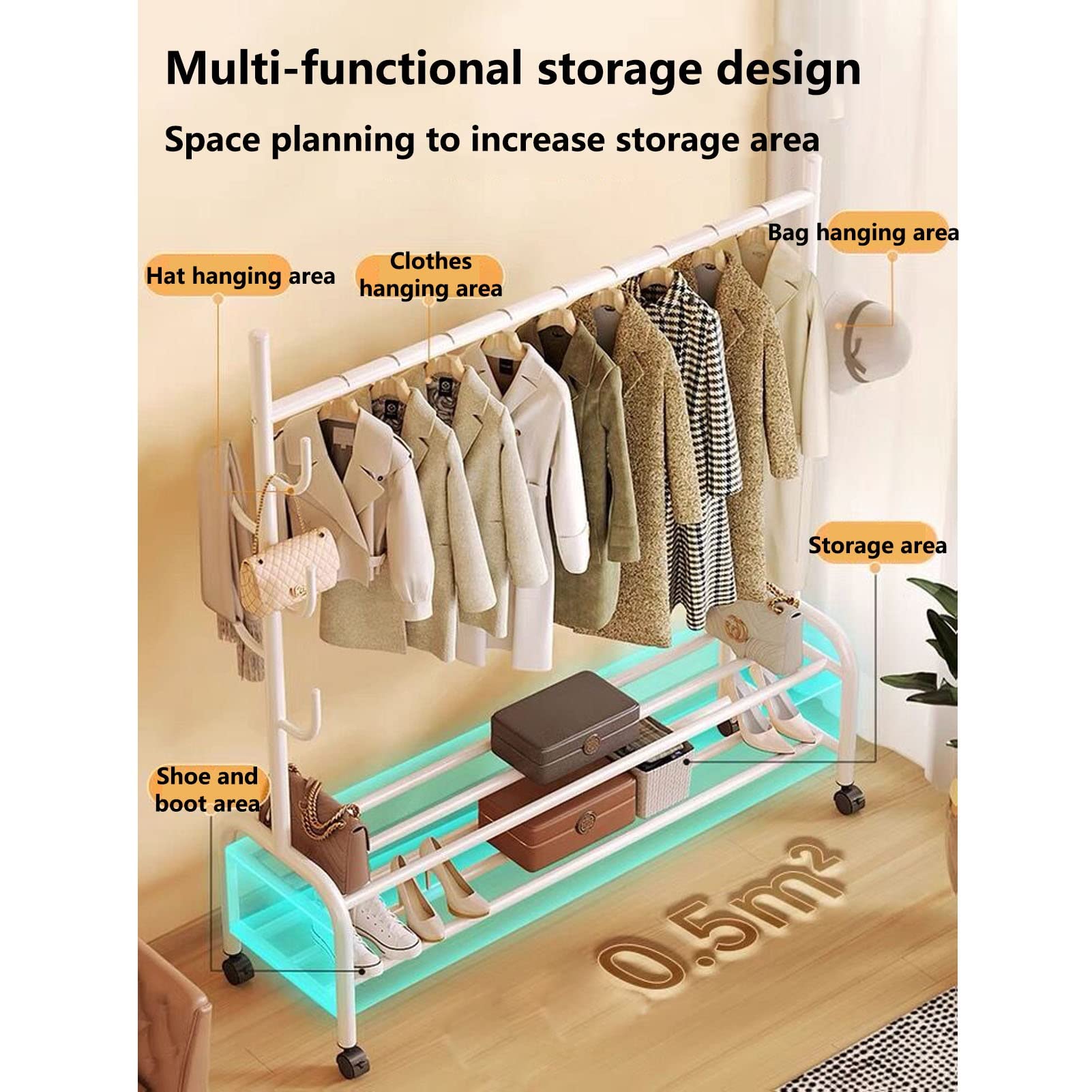 Árbol Hall con ganchos Rieles ropa de metal resistente Independiente Perchero Carrito de ropa móvil multifuncional Con estantes de almacenamiento inferiores de 2 niveles Para dormitorio ( Color : Gree