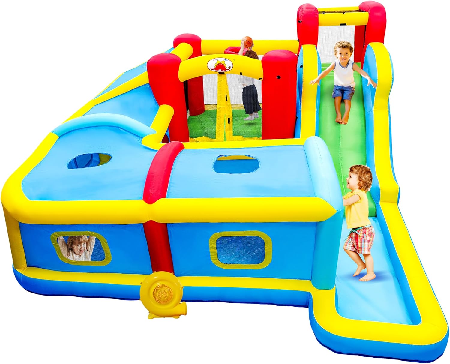 WELLFUNTIME Inflatable Water Slide Park with Blower, 156 x 143 x 75 inches Bouncy Castle with Slide, Rock Climbing, Ball Pool, Long Tunnel, Jumping Area for 4 Kids Aged 3 to 10