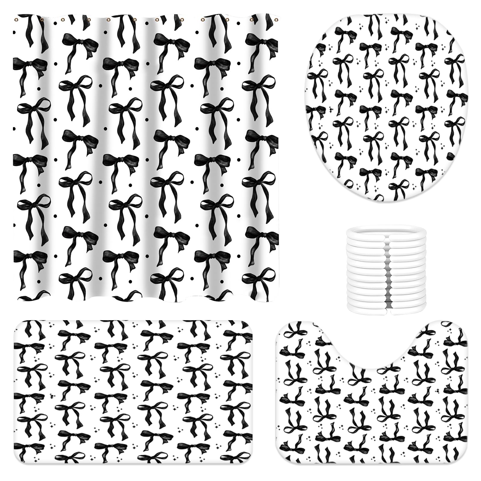 LuLobtg 4 Pcs Bow Shower Curtain Set, Butterfly Knot Bathroom Decor Set with Toilet Lid Cover, Non-Slip Rugs, Absorbent Pads and Waterproof Bathroom Curtains with 12 Hooks for Women(Black Bow)