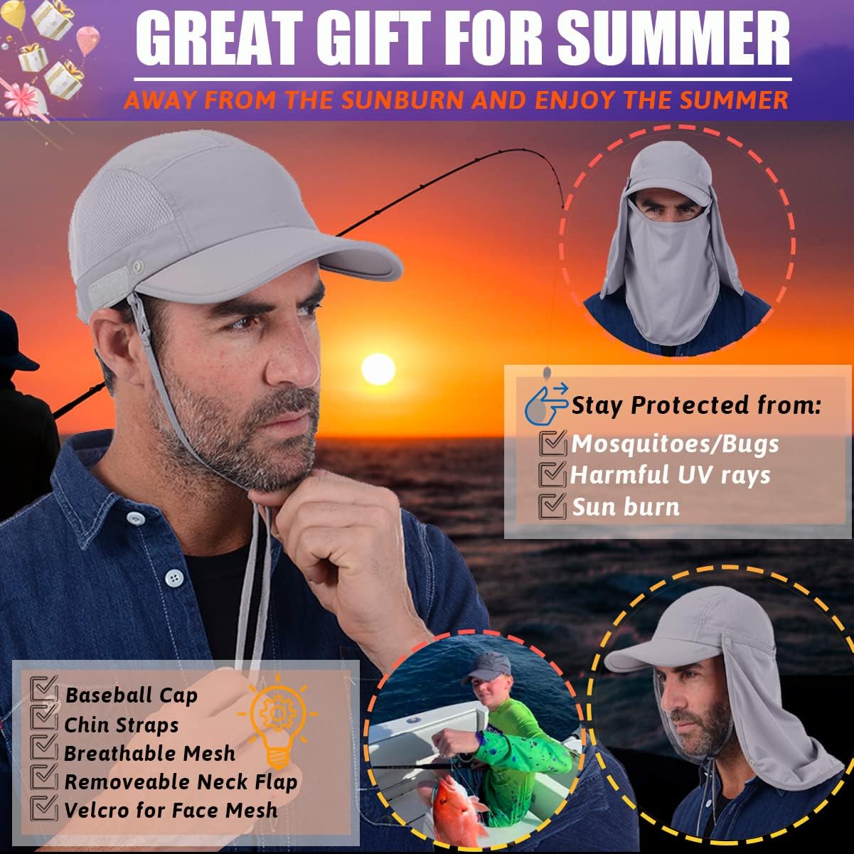 USHAKE Sun Cap Fishing Hat Baseball Cap with Face Neck Cover Flap