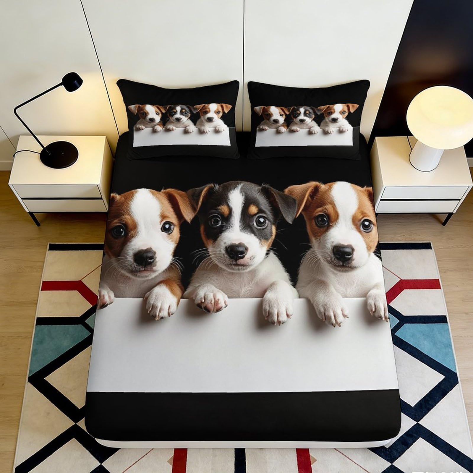 3D Printed Dog Microfiber Deep Pocket Fitted Sheet Non-Slip Bedding Puppy Mattress Fitted Cover Elastic Hem Washable for Bedroom 140x200x25cm