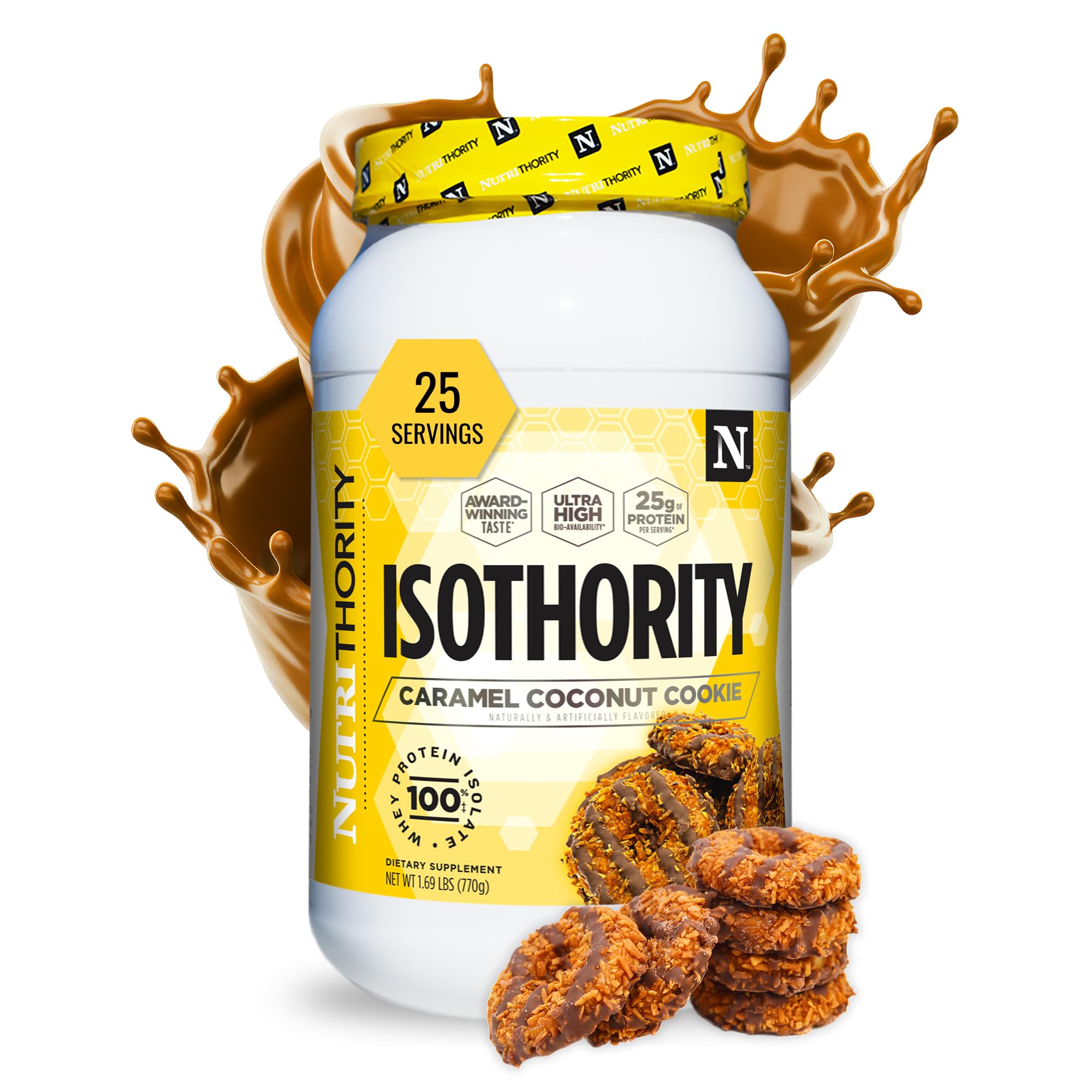 Nutrithority - Isothority Isolated Whey Protein Powder with Ultra-Absorbable Protein and BCAAs to Build Muscle and Accelerate Recovery, Keto Friendly, Low Carbs, Gluten Free (Caramel Coconut Cookie)