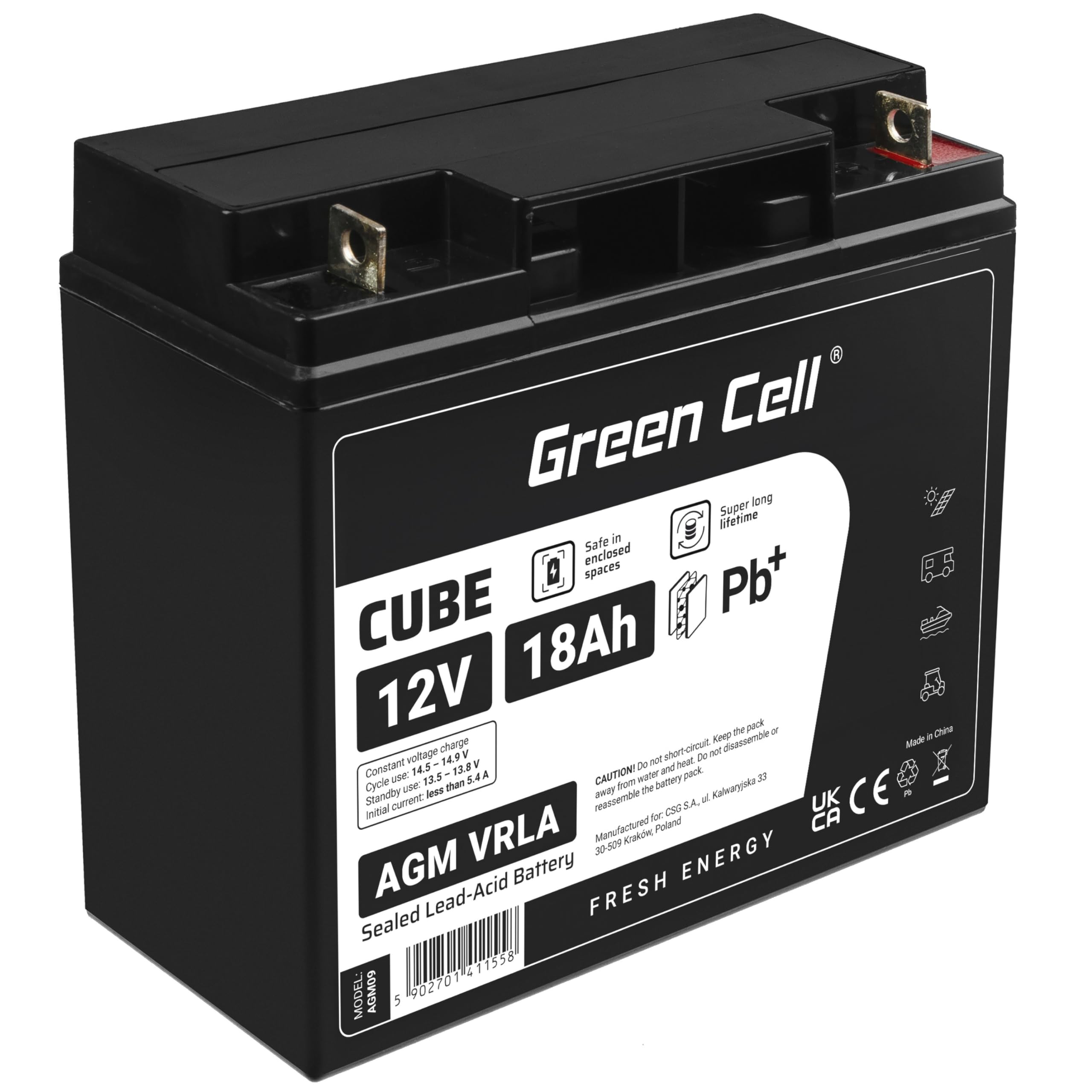 Green Cell® AGM 12V 18Ah Akku Vlies Batterie VRLA Blei Batterie Bleiakku Ersatzakku Akkubatterie Versorgungsbatterie Zyklenfest Wartungsfrei Caravan Rollstuhl Solarbatterie Solarpanel Scooter