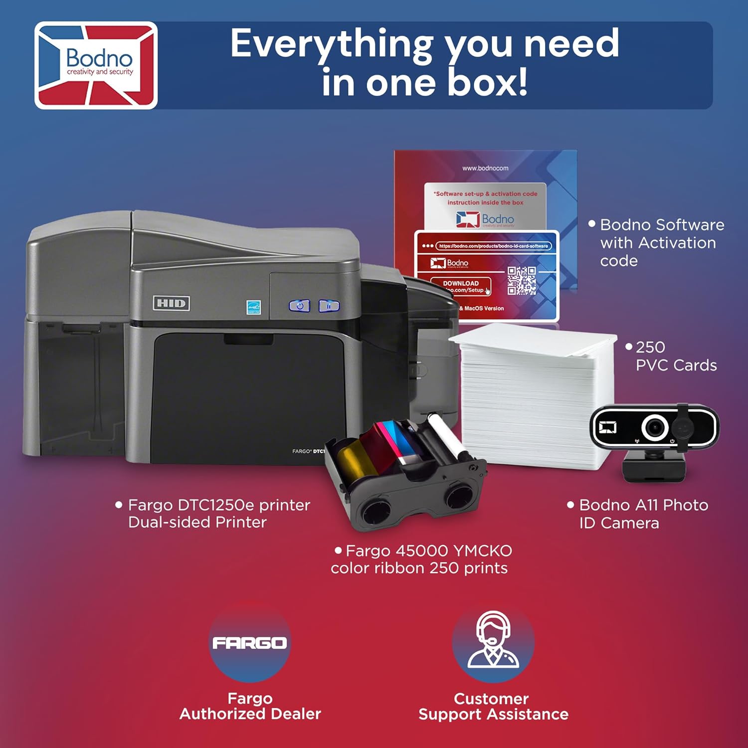 Bodno Fargo DTC1250e Dual Sided ID Card Printer & Complete Supplies Package with Silver Edition Software