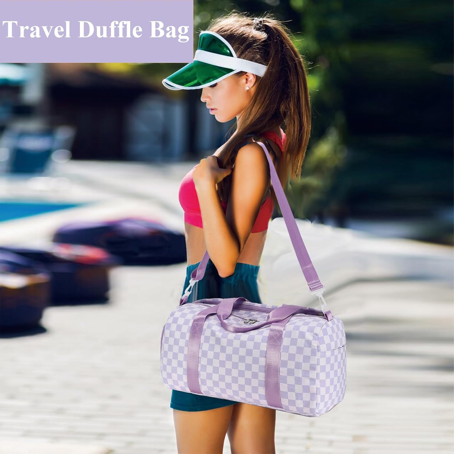 LEDAOU Duffle Bag Girls Kids Cute Dance Bag with Shoes Compartment Gym Bag with Wet Pocket Sports Overnight Travel Bag (Purple Checkered) - Image 7