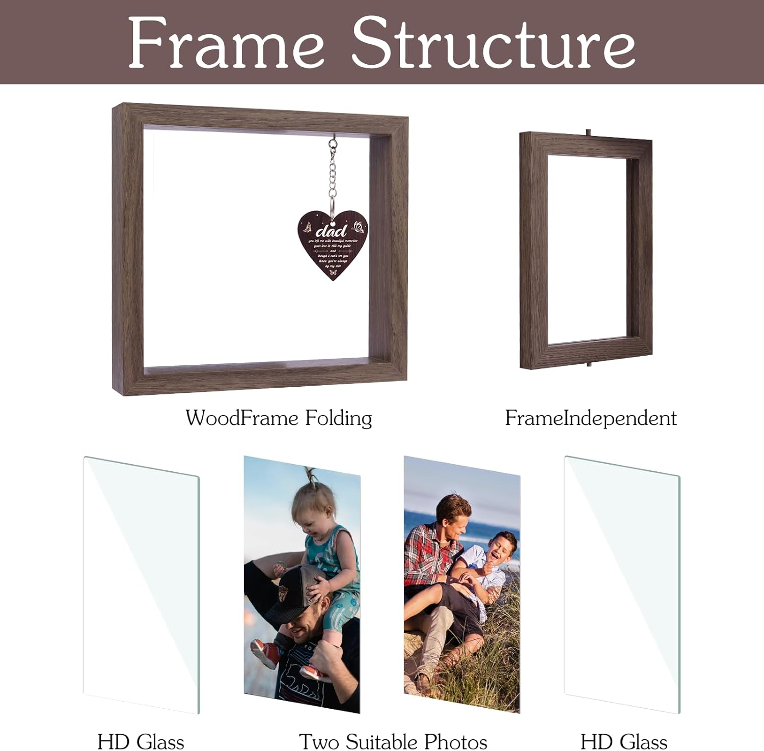 Memorial Picture Frame for Loss of Father, 4x6 Inches, Brown Walnut Wood Frame, Rotating Double-Sided, In Loving Memory of Dad
