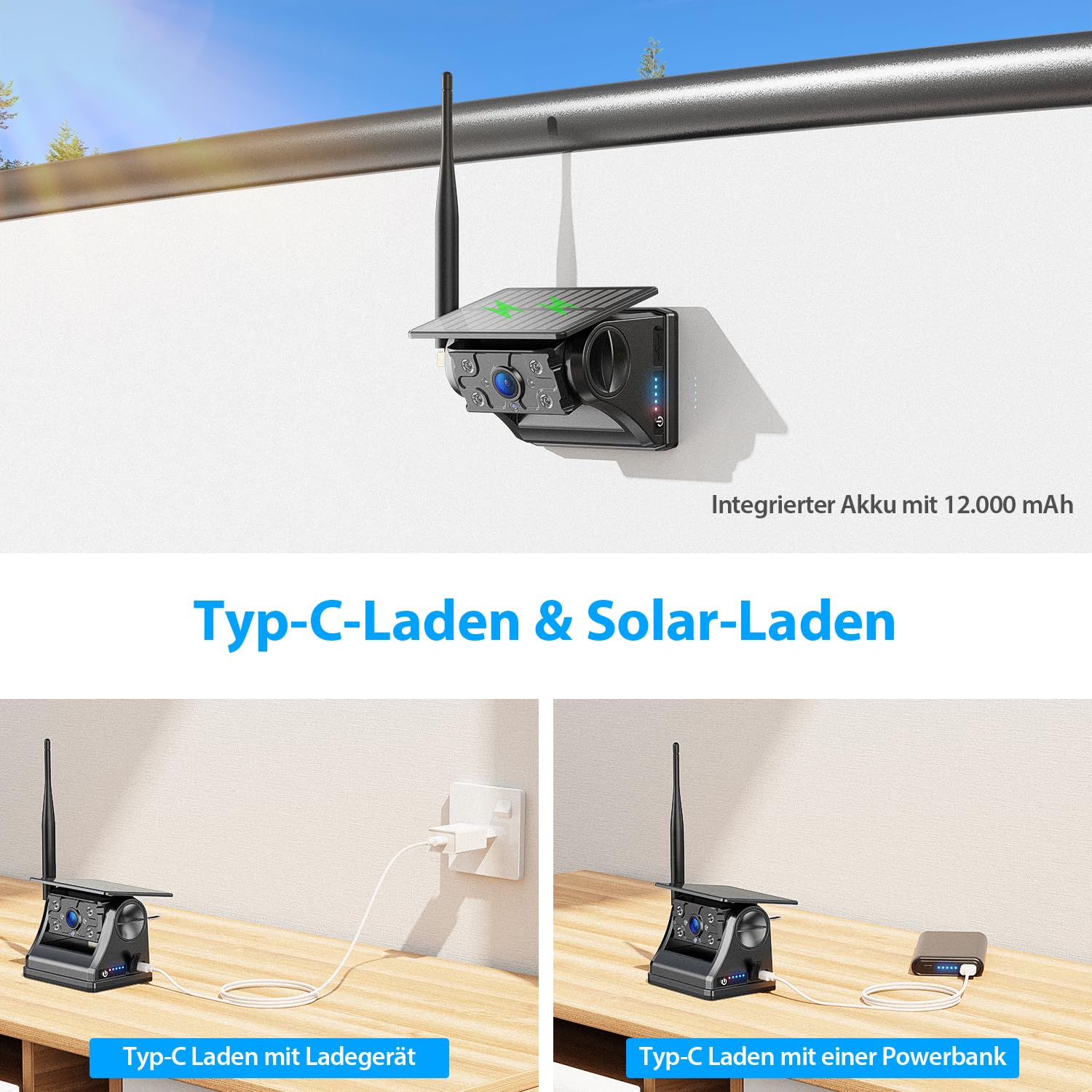 Rückfahrkamera Kabellos Solar Magnetisch 7" 1080P Touchscreen IPS Monitor 12000mAh Akku IP69K Wasserdicht für Wohnmobile Anhänger LKWs