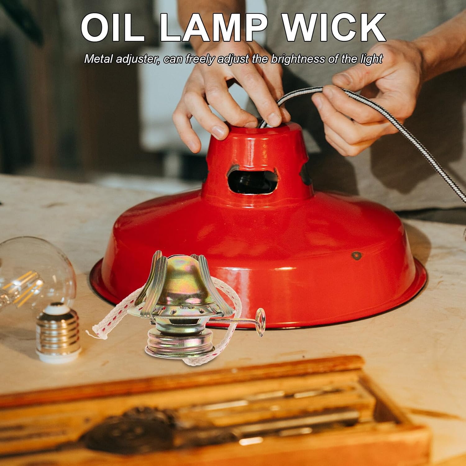 Retro Kerosene Lamp Regulator Metal Base with 1m Wick and Glass Dome, Adjustable Oil Lamp Burner Accessories for Indoor Home Decor and Emergency Lighting