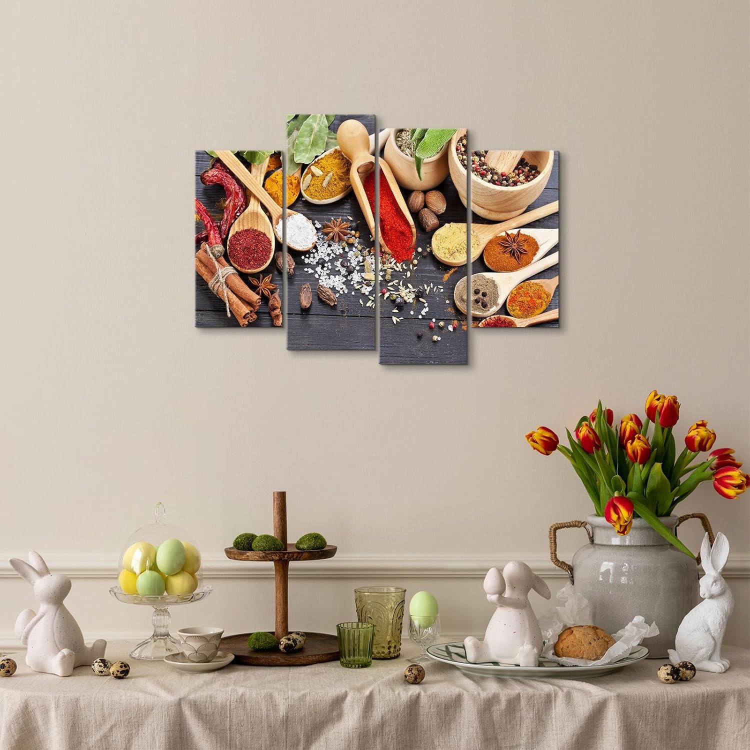 4 Piece Kitchen Wall Art Colorful Spices in Spoon Framed Art Dining Room Kitchen Decor Dining Room Wall Art Kitchen Pictures for Kitchen Home Decoration Ready to Hang (48''W x 32''H)