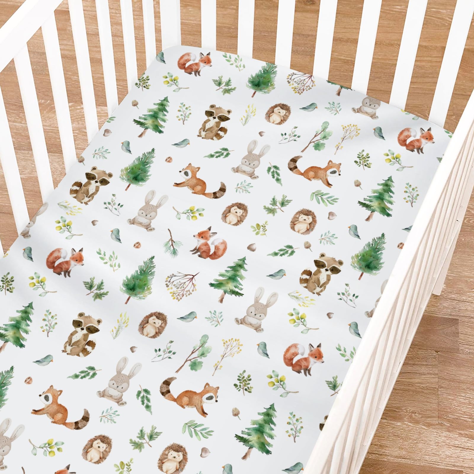 Watercolor Woodland Animals Baby Crib Sheet for Boy Girl 52"x28" Raccoon Hedgehog Squirrel Fox Bunny Bird Forest Soft Breathable Stretchy Baby Bed Sheets for Standard Crib and Toddler Mattress