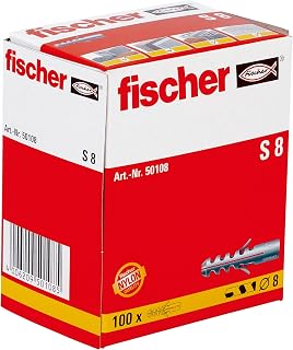 Fischer Expansion Plug S8 5/16" X 1-9/16" (8x40 Mm) Wall Anchors Rimless Nylon Two-Direction Expansion For Concrete And Solid Masonry Wall Mounting, Shelving And Electrical Installations - 100 Anchors