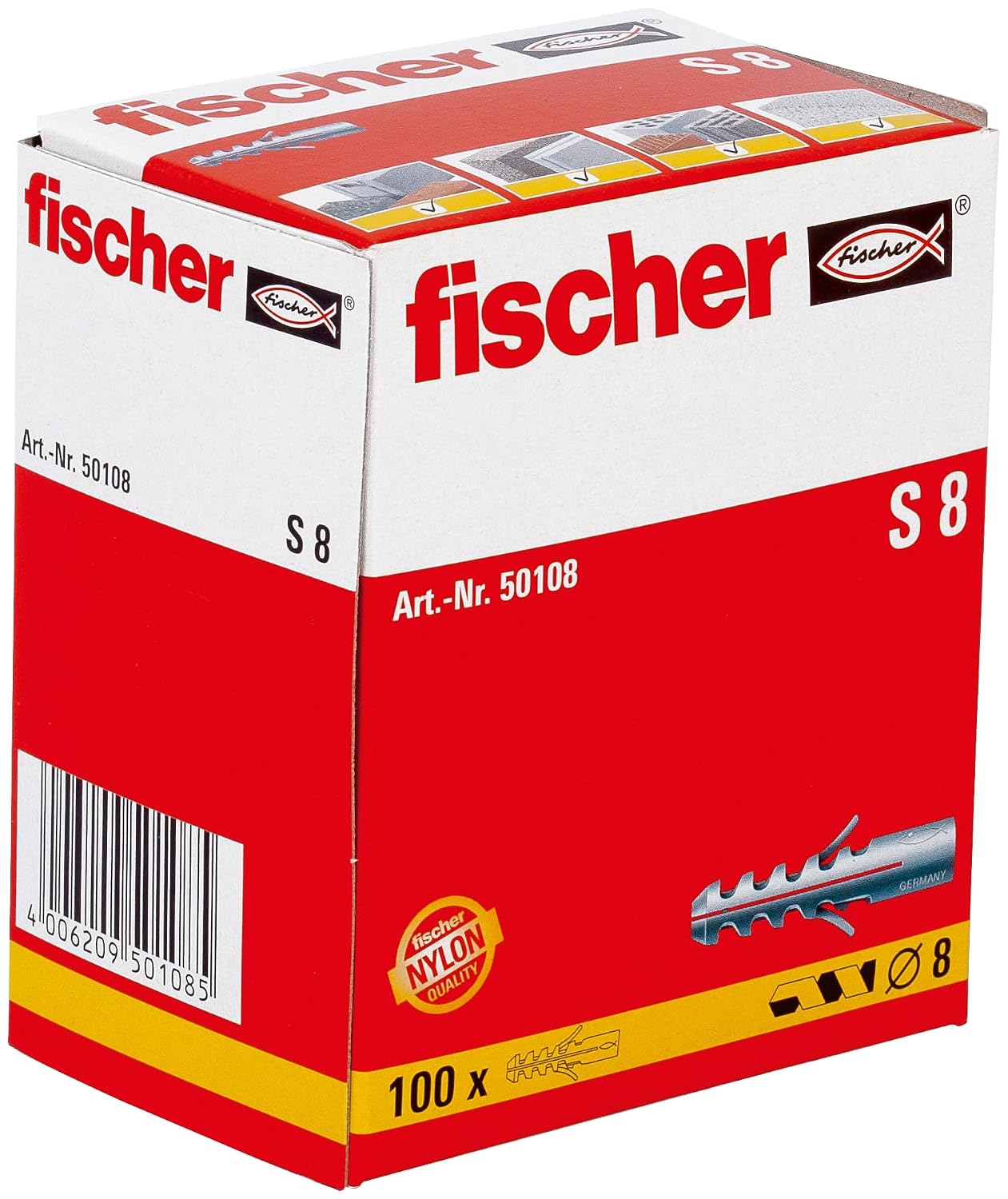 fischer S6 Universal Wall Anchors for Concrete and Solid Masonry, 1/4" x 1-3/16" (6 x 30 mm), Rimless Nylon, Two-Direction Expansion - 100 Units
