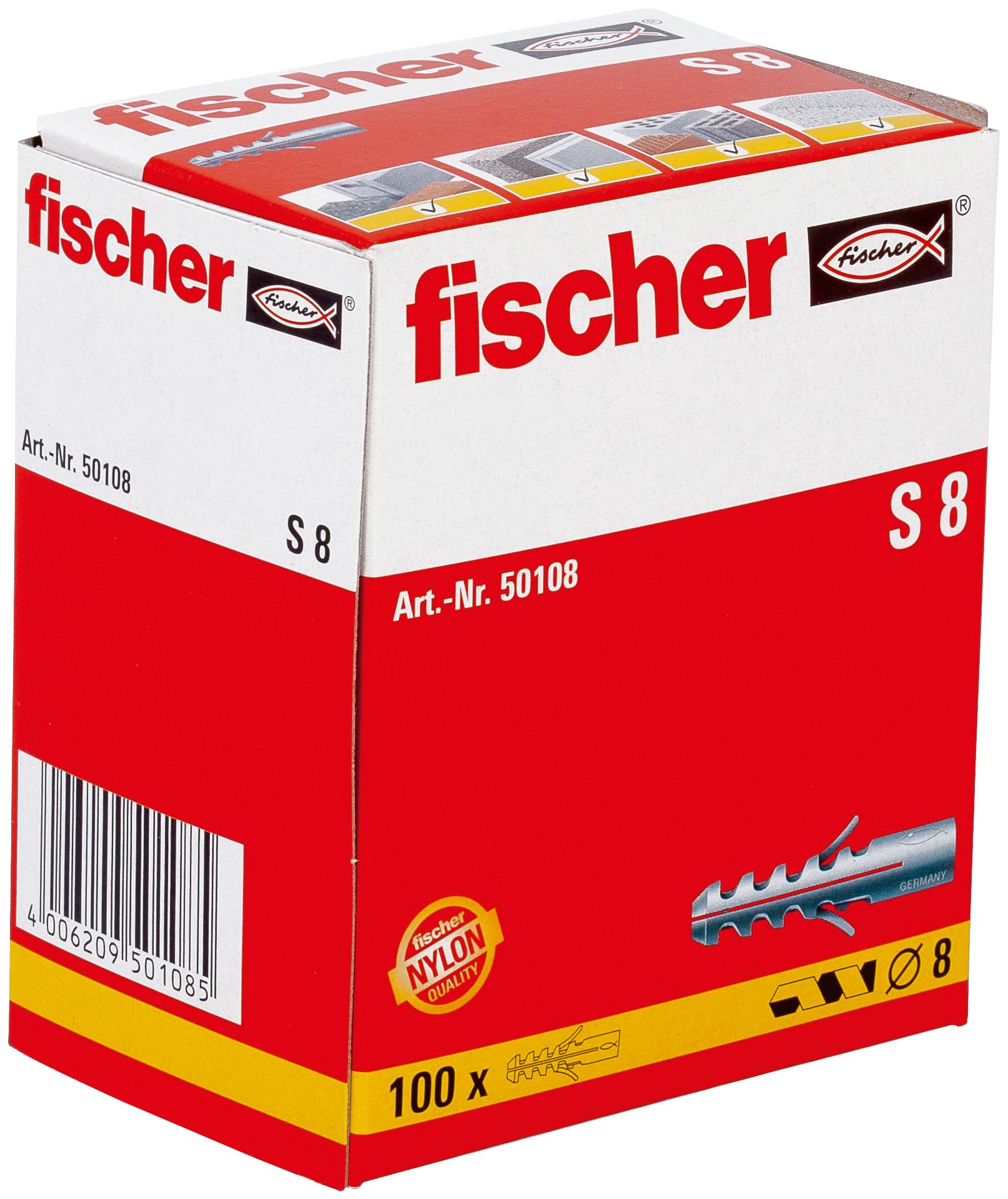 Fischer Nylon S Plug 8Mm (100 Pack) In Grey