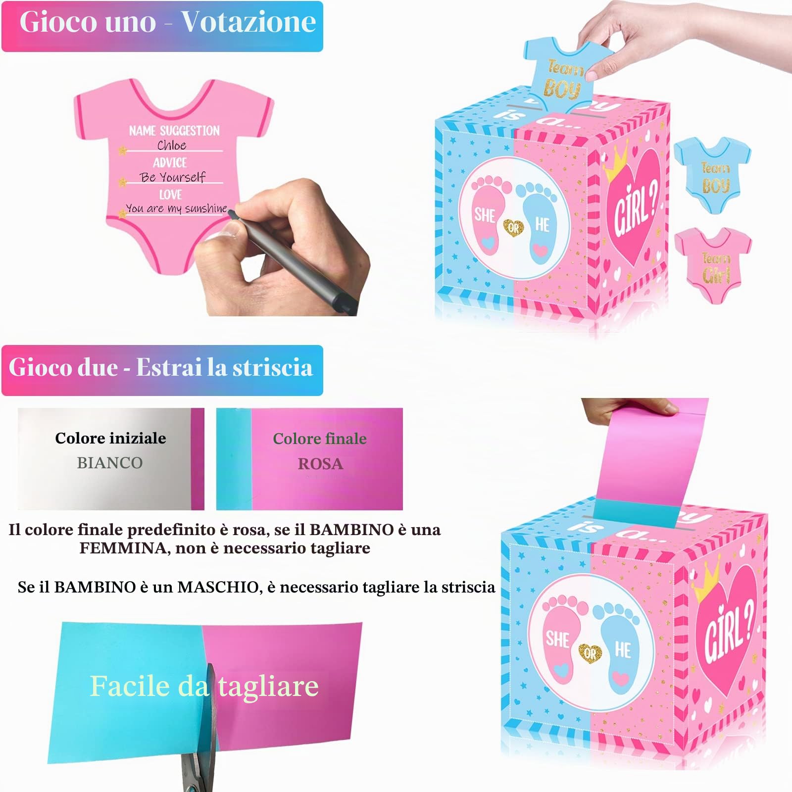 Scatola da gioco estraibile per rivelare il sesso del bambino, scatola di voto per rivelare il genere con 60 schede elettorali, ragazzo o ragazza, forniture per feste di rivelazione di genere, rosa e