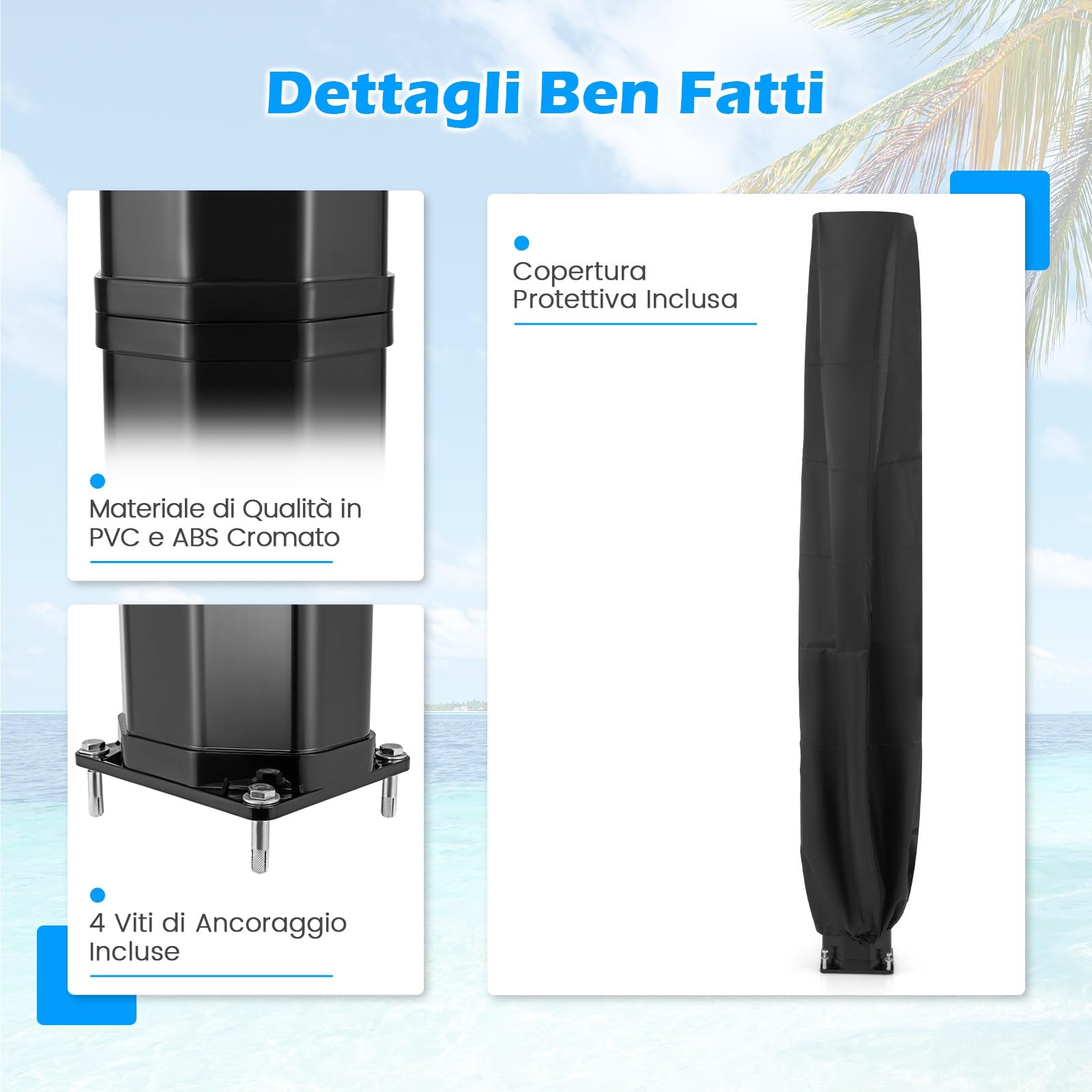 COSTWAY Doccia Solare da Esterno 60 L, Doccia da Giardino con Soffione 360°, Rubinetto per Piedi, Copertura Protettiva e Attacco per Tubo da Giardino, Fino a 60°C, per Piscina e Campeggio (Modello 1)