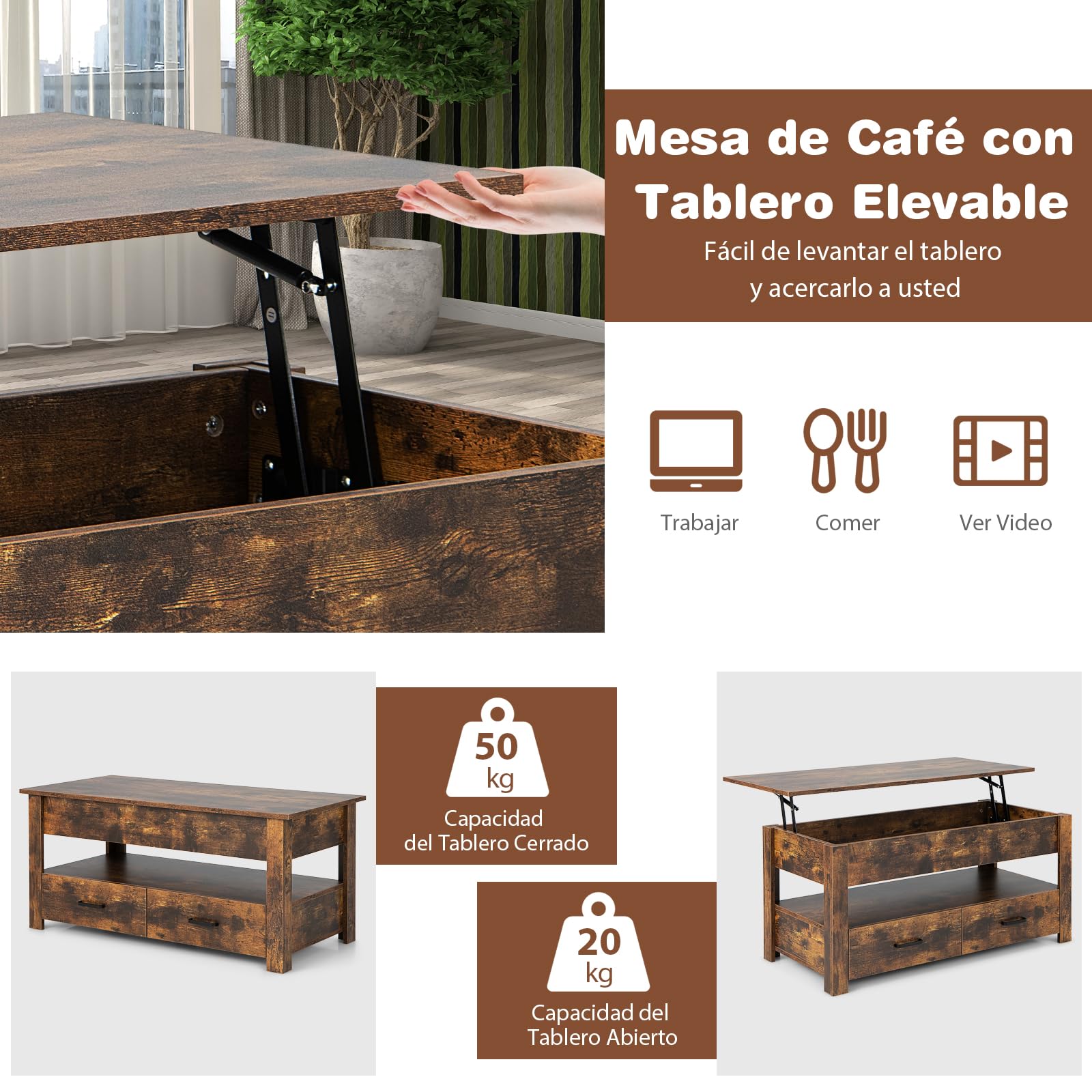 COSTWAY Mesa de Centro con Tablero Elevable, Mesa de Café Industrial con Compartimento, Estante de Almacenamiento y 2 Cajones, Mesita Mueble Salon con Sistema Neumático de Elevación del Tablero