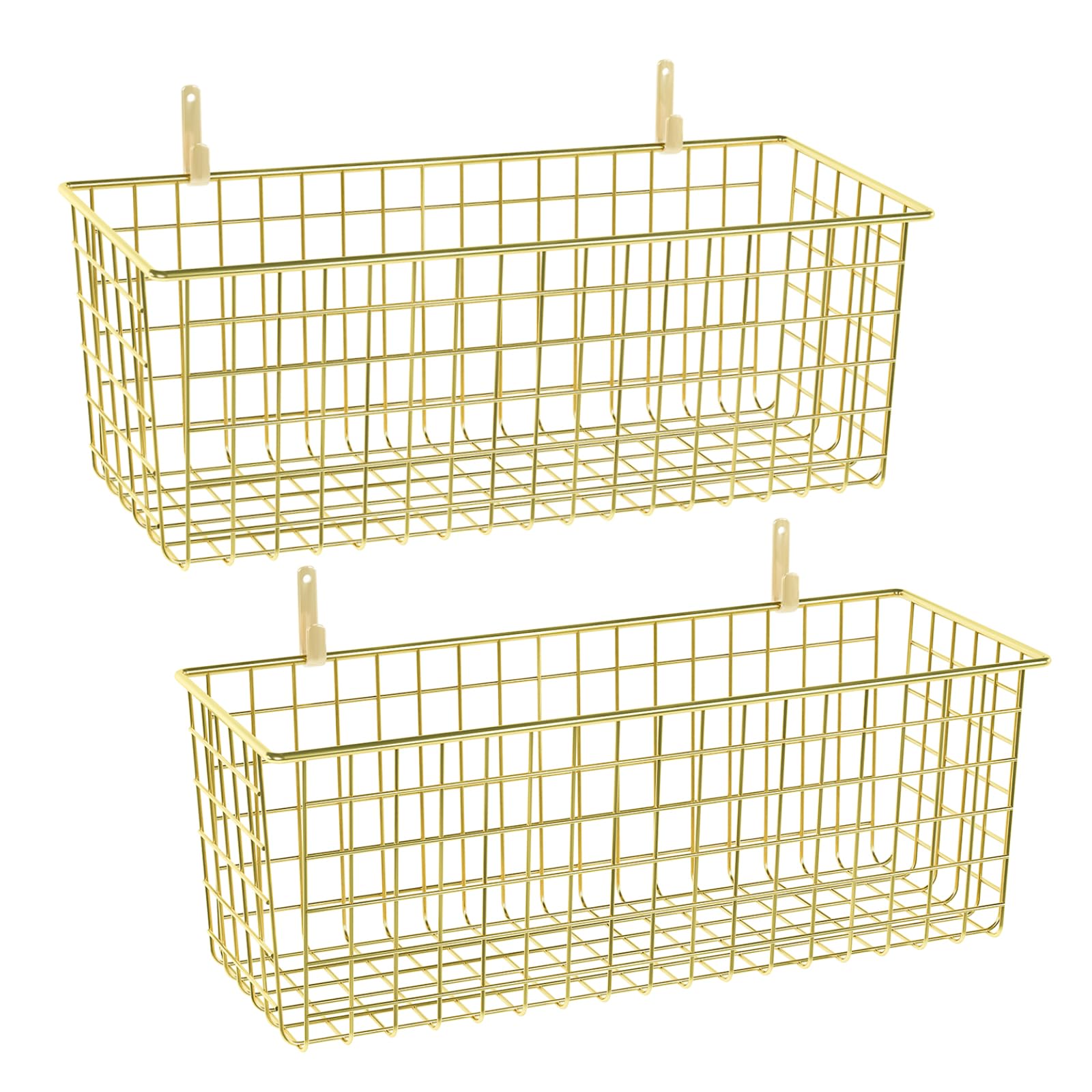 2 Sets Extra Large Hanging Wall Basket, Gold Metal Wire Baskets with Steel Hooks for Organizing, WallmountedFruit Vegetable Toy Snack Storage, Home
