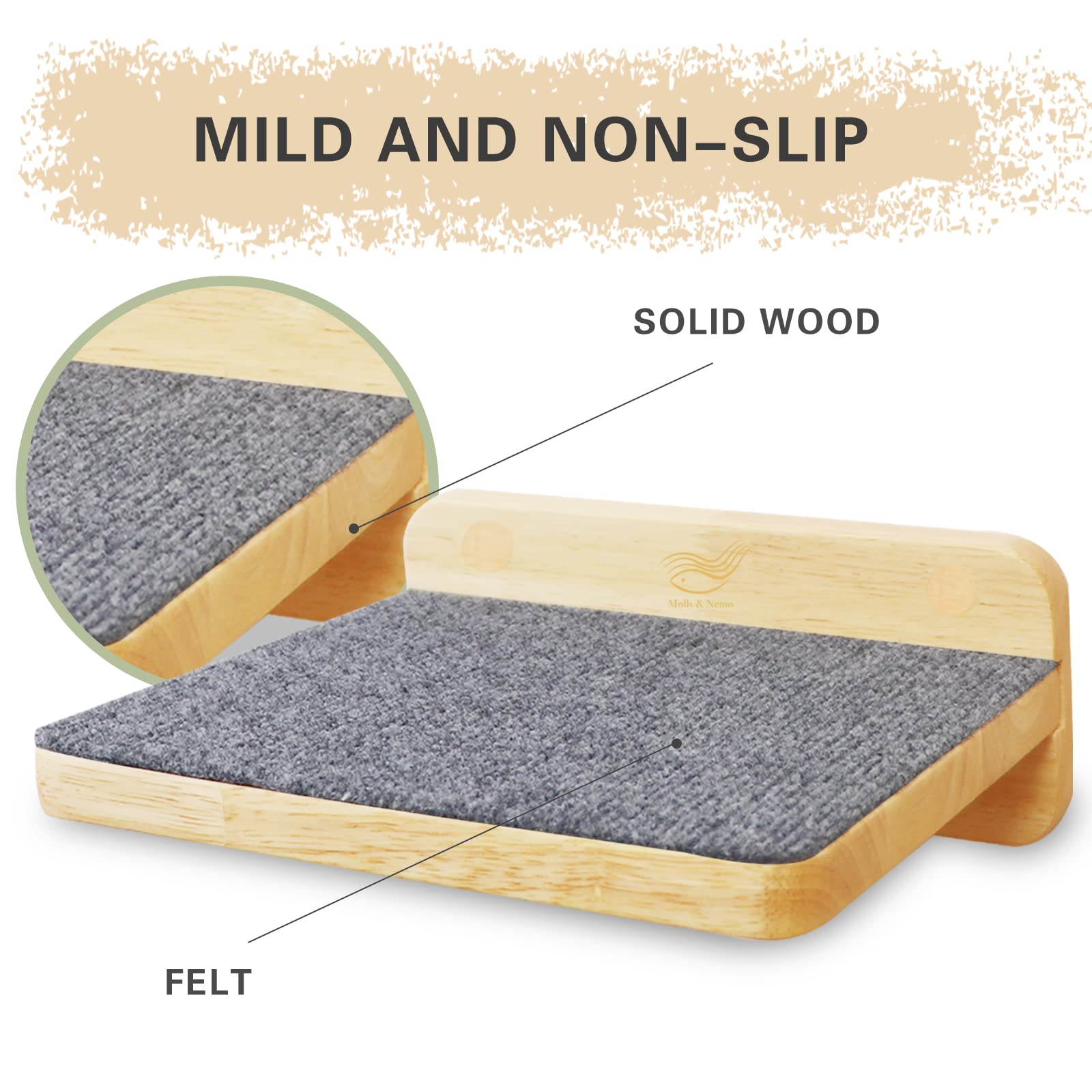 Molly & Nemo Cat Climbing Shelf, Wall Mounted Wooden Cat Stairway with Felt for Playing 1