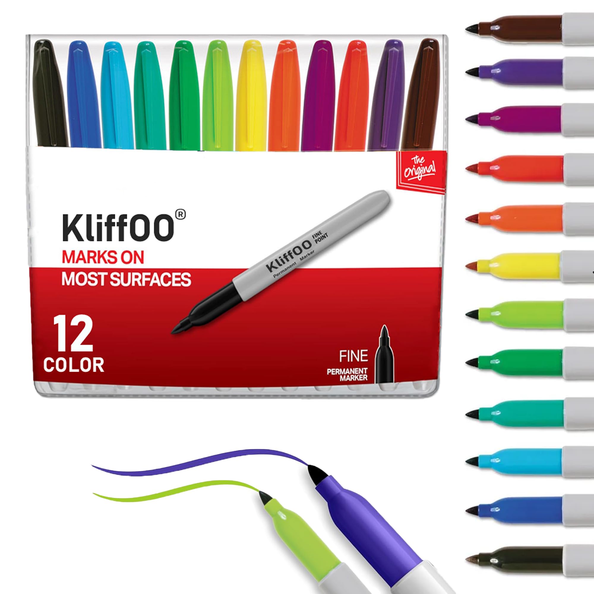 KLIFFOO 12 Colors Permanent Colouring Marker Pen, Colorful Fine Point Bullet Tip Art Marker Sketch Pen for Drawing, Writing, Painting, Sketching, Works on Wood, Plastic, Metal, and More (12)