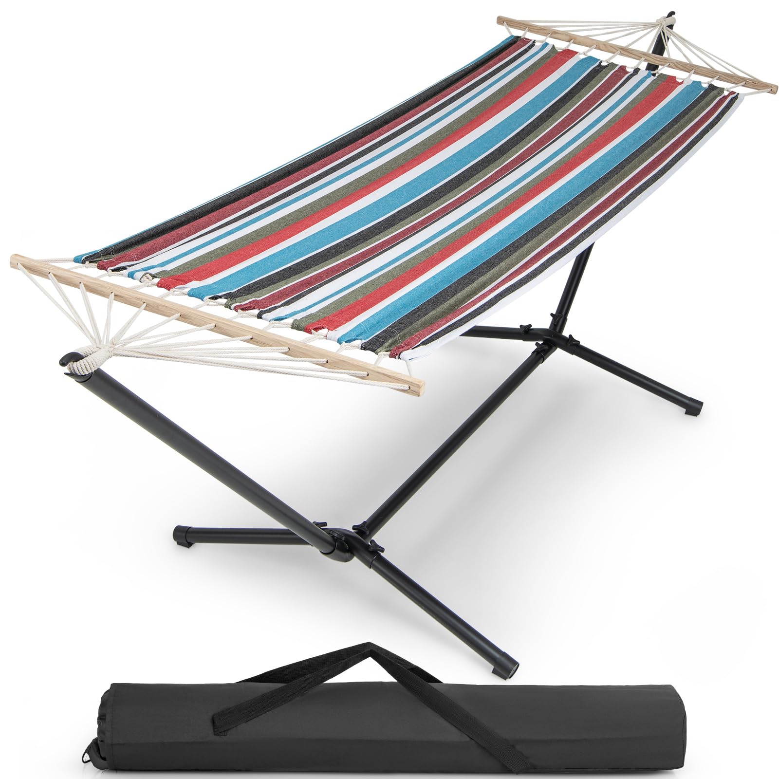 KOMFOTTEU Hamac avec Support en Métal et Sac de Rangement, Charge 150 kg | Lit Suspendu sur Pied, Style estival coloré, pour Jardin, Camping, Plage, 210 x 100 cm