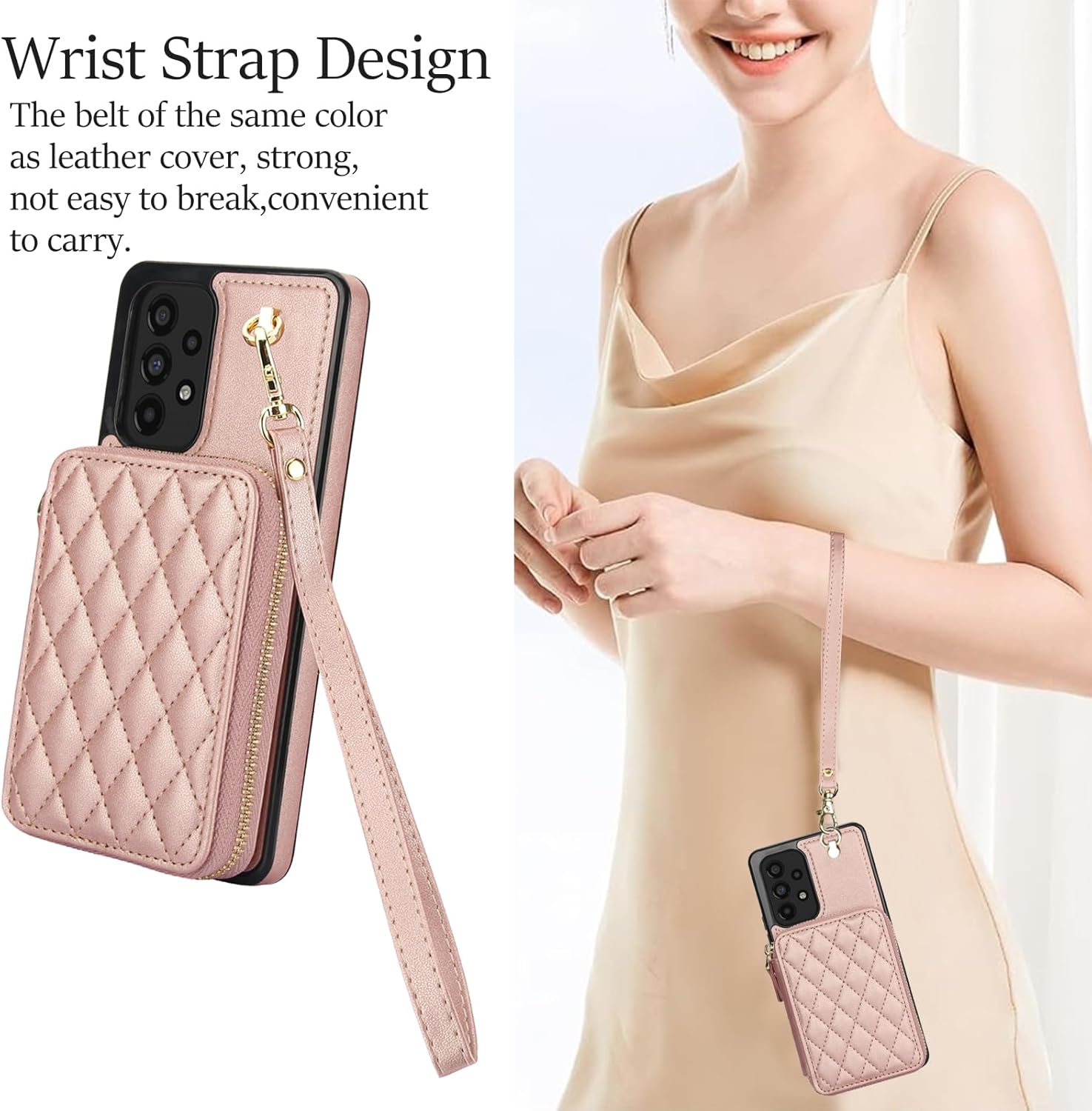 Phone Case for Samsung Galaxy A53 5G Wallet Cell Cover with Tempered Glass Screen Protector Wrist Crossbody Strap RFID Blocking Credit Card Holder A 53 G5 53A SM A536U 6.5" 2022 Women Girls Rose Gold