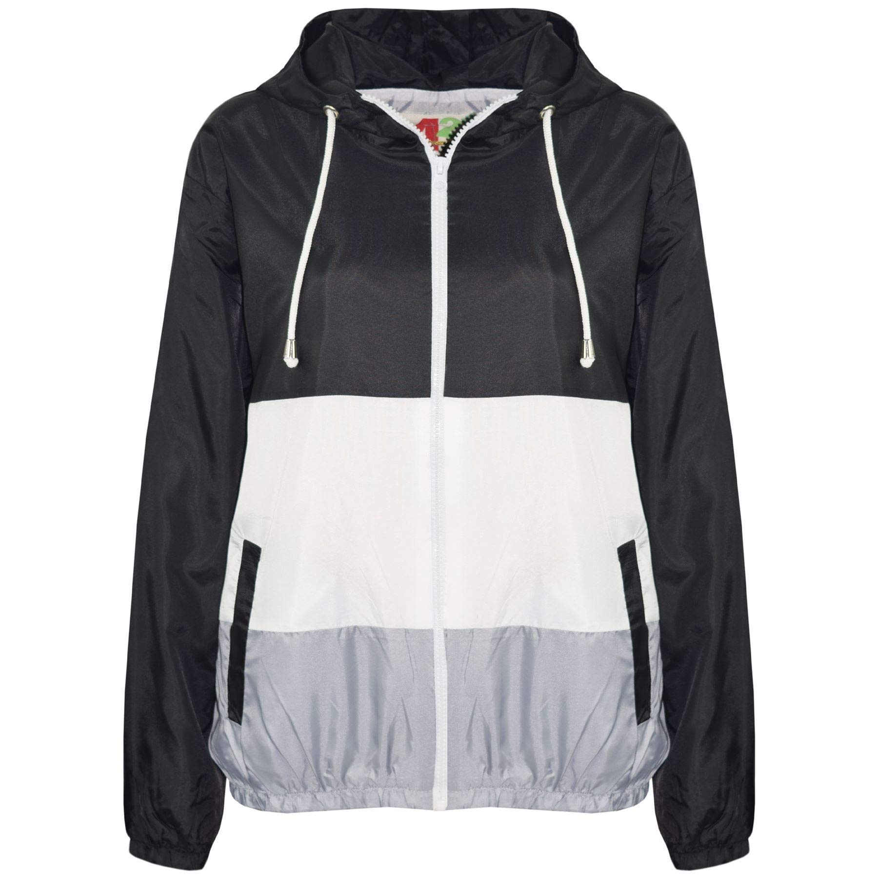 Kids Girls Boys Windbreaker Contrast Panel Jackets Hooded Raincoat Rain Mac 5-13 Black