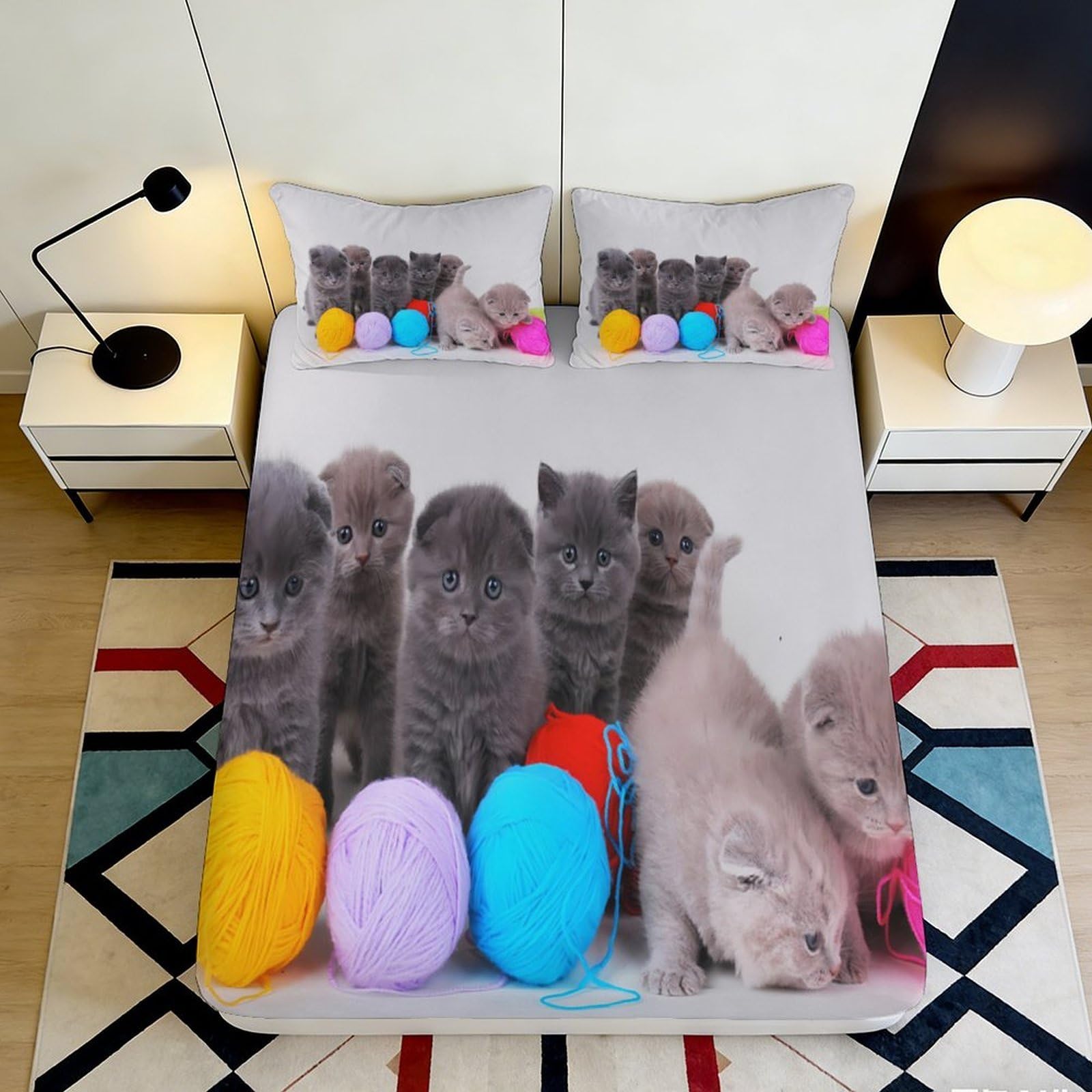 Jqzkxnhpbr Style-6 3D Printed Cute Kittens Fitted Sheet Microfiber Soft Colourful Yarn Bed Cover For Bedroom Guest Room Decor 90X200x25cm