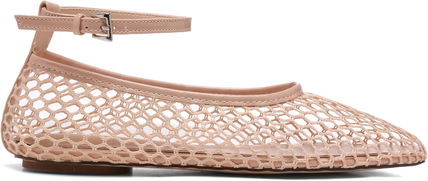 Mesh Ankle Strap Flats for Women Round Toe Ballet Flats Shoes,Casual Mary Jane Flats Comfortable Daily Dress Shoes