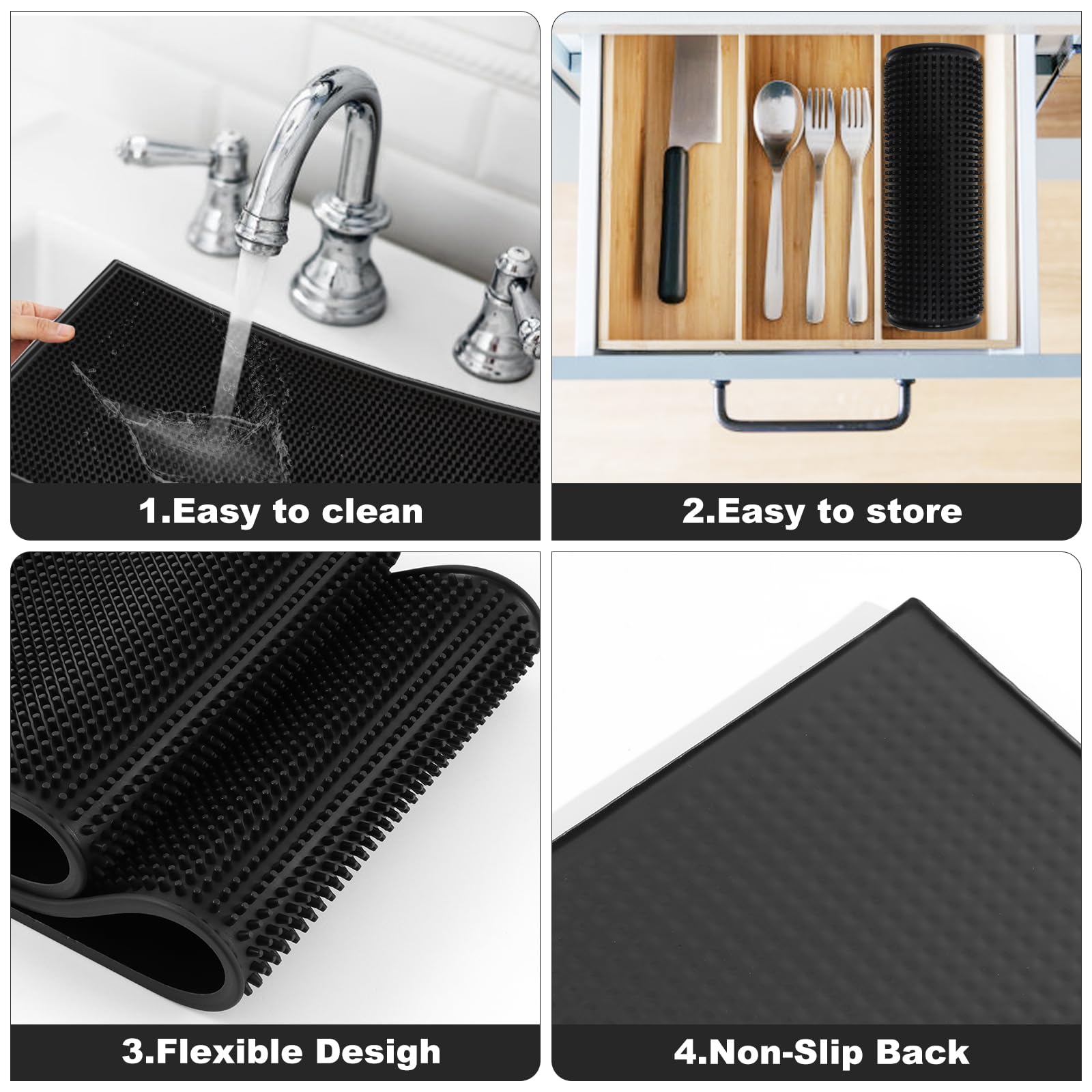 Grande tappetino da bar in gomma, 61 x 30,5 cm, spesso 1 cm, resistente, antiscivolo, per bar, cucina, bar, ristorante, tappetino scolapiatti in vetro, confezione da 2 pezzi, nero