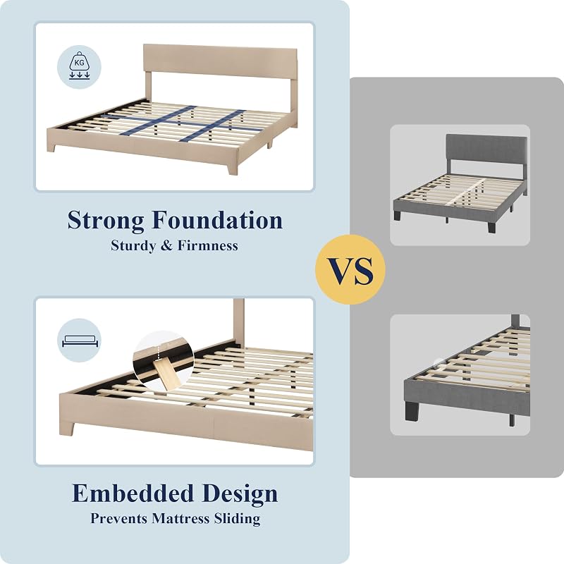 Allewie King Size Upholstered Bed Frame Adjustable Headboard, Beige image 6