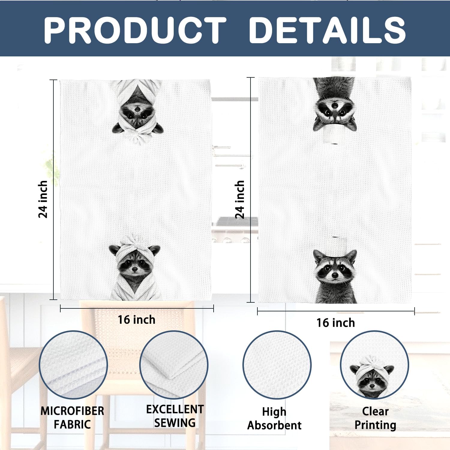 Funny Raccoon Bathroom Hand Towels, Raccoon Gifts for Women, Animal Lover Gifts, Black and White Trash Panda Wild Animal Decorative Hand Towels for Bathroom Decor, 16x24 Inch Set of 2 - Image 7