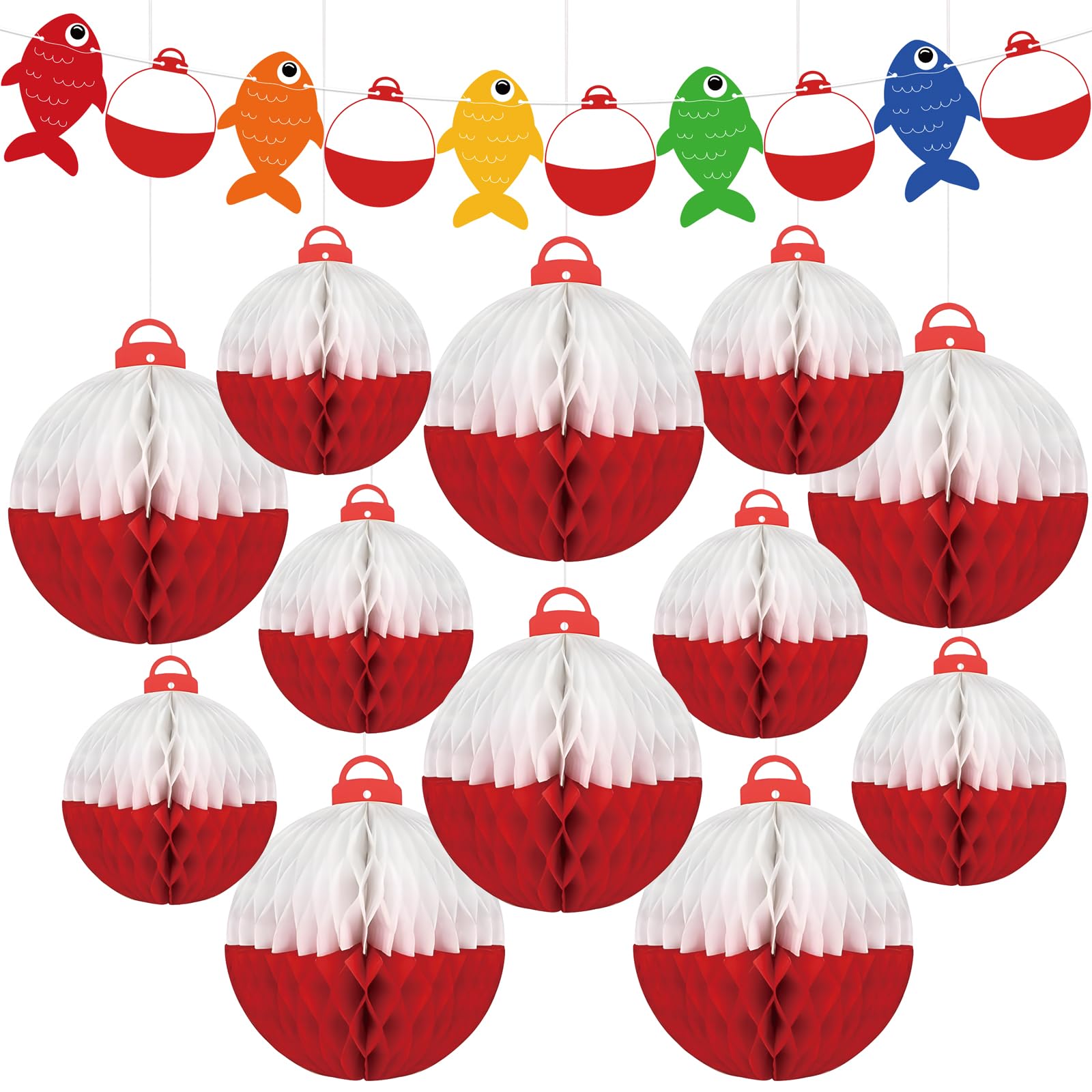 Photo 1 of 13PCS Gone Fishing Party Decorations for Ofishally One Birthday, Bobber Paper Hanging Honeycomb Balls and Fish Banners for Under the Sea, Summer, Luau, Hawaiian, Ocean Beach Theme Decor Party Supplies