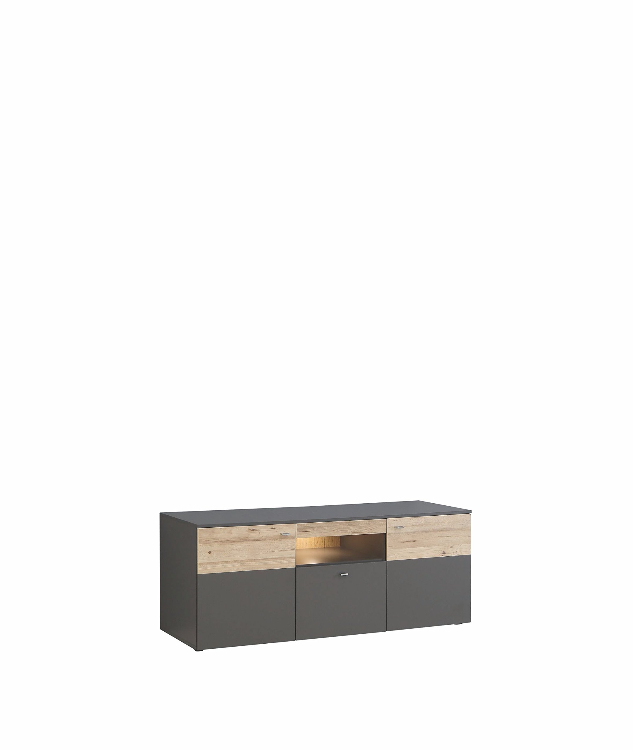 Forte Como Wohnwand 320, Moderne Wohnwand mit 5 Türen, 1 Schublade, Schrankwand, Holzwerkstoff, Uni Wolfram Grau/Stabeiche Holzdekor, 319,3 cm breit x 203,3 cm hoch x 52 cm tief