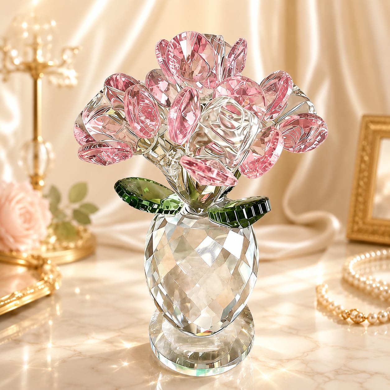 Drawelry Crystal Rose Figurine Ornament, Handmade Crystal Bouquet Flowers Ornament, Crystal Glass Flower Collectible, Home Table Decor Mum Wife Mother's Day Anniversary Timeless Symbol of Love (Pink)