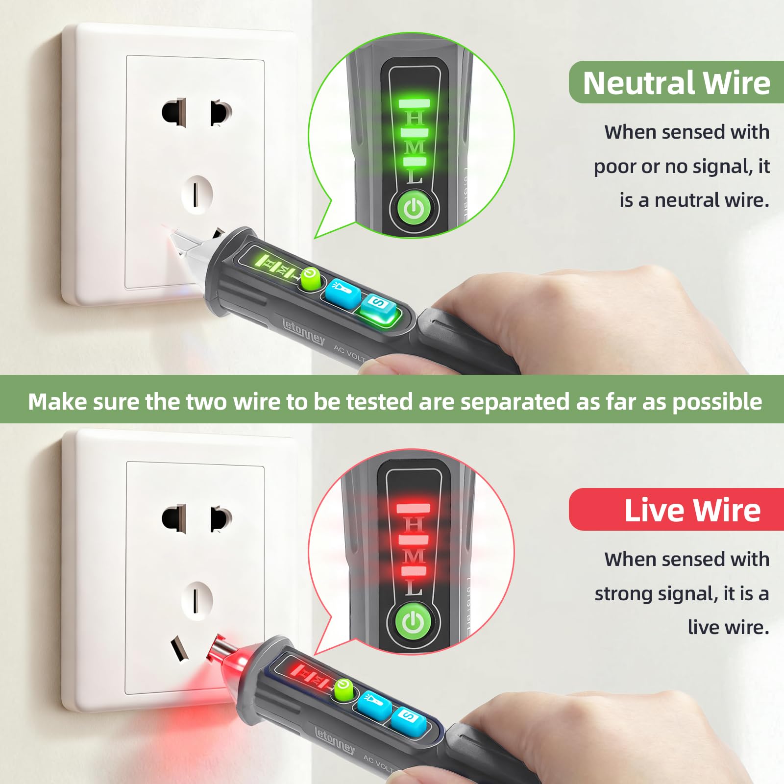 Zestaw 2 bezdotykowych testerów napięcia, tester obwodu z podwójnym przedziałem napięcia, AC 12 V-1000 V/48 V-1000 V, tester drutu na żywo/próżni z alarmem i latarką (szary)