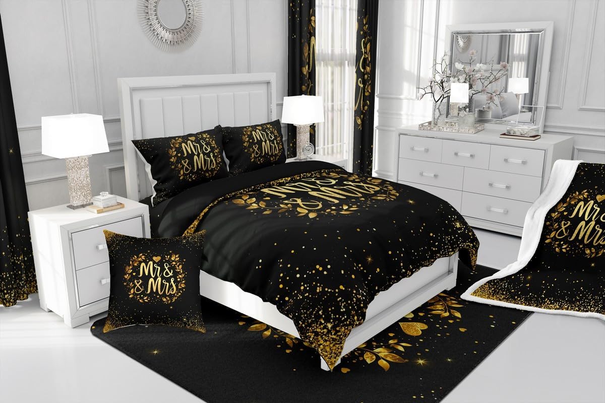 Mr and Mrs Bedding Set Black Gold Sequins Duvet Cover Queen,Glitter Golden Heart Comforter Cover Set for Women Adult Man,Valentine Gifts for Couple,I Love You Gift For Her Romantic Valentine's Day