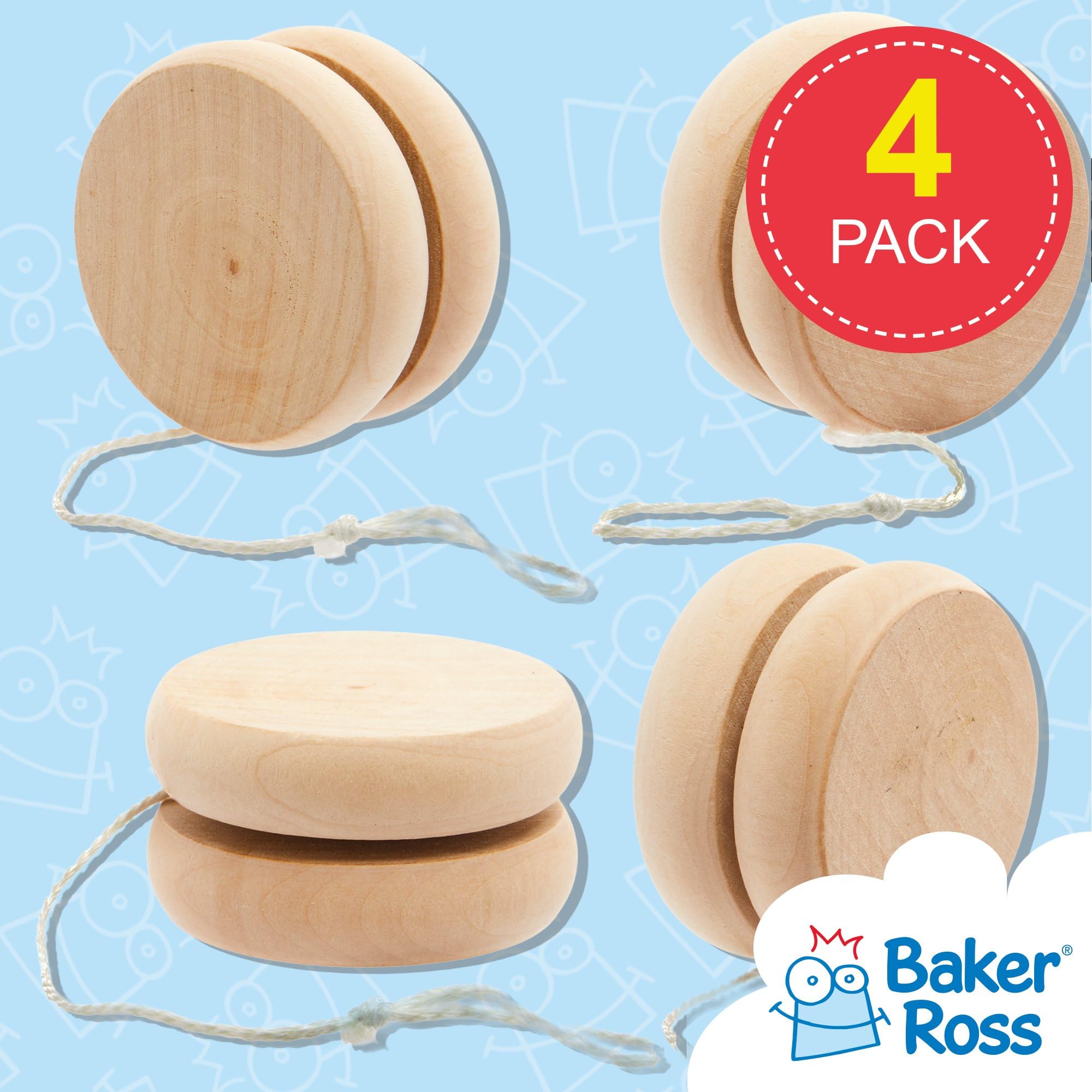 Baker Ross FC849 Drewniane jojo - 4 sztuki, wypełniacze imprez dla chłopców i dziewcząt, udekoruj swoje własne jojo