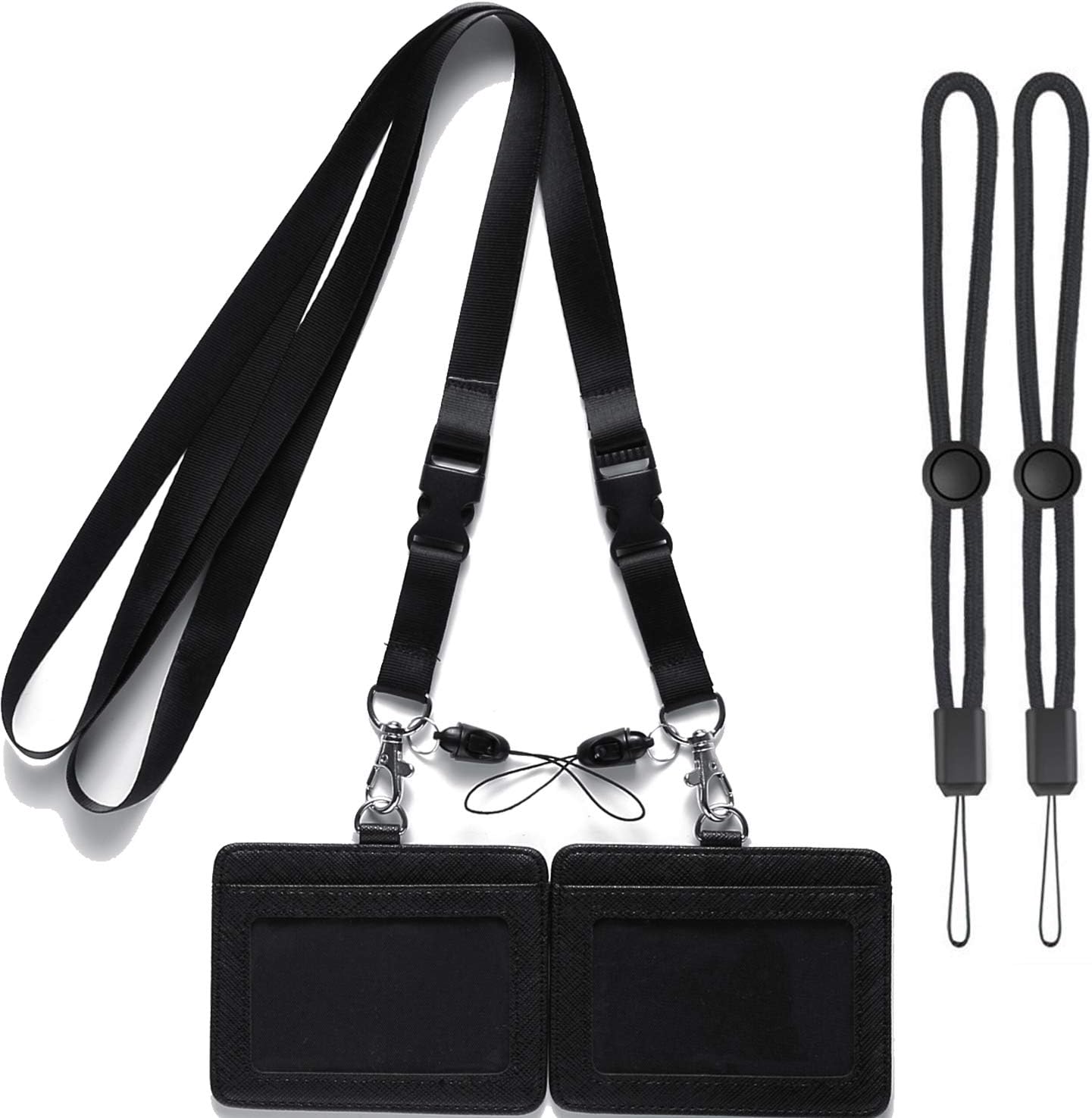 YOUOWO 2 Pack Black Neck Office Quick Release Lanyards and Small Black Adjustable Wrist Lanyard with Horizontal ID Badge Holder PU Leather,with Clips