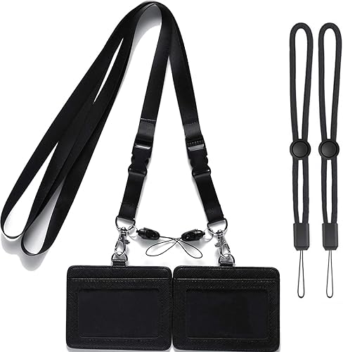 YOUOWO Paquete de 2 cordones de liberación rápida para oficina y cuello negro pequeño ajustable con soporte horizontal para tarjetas de