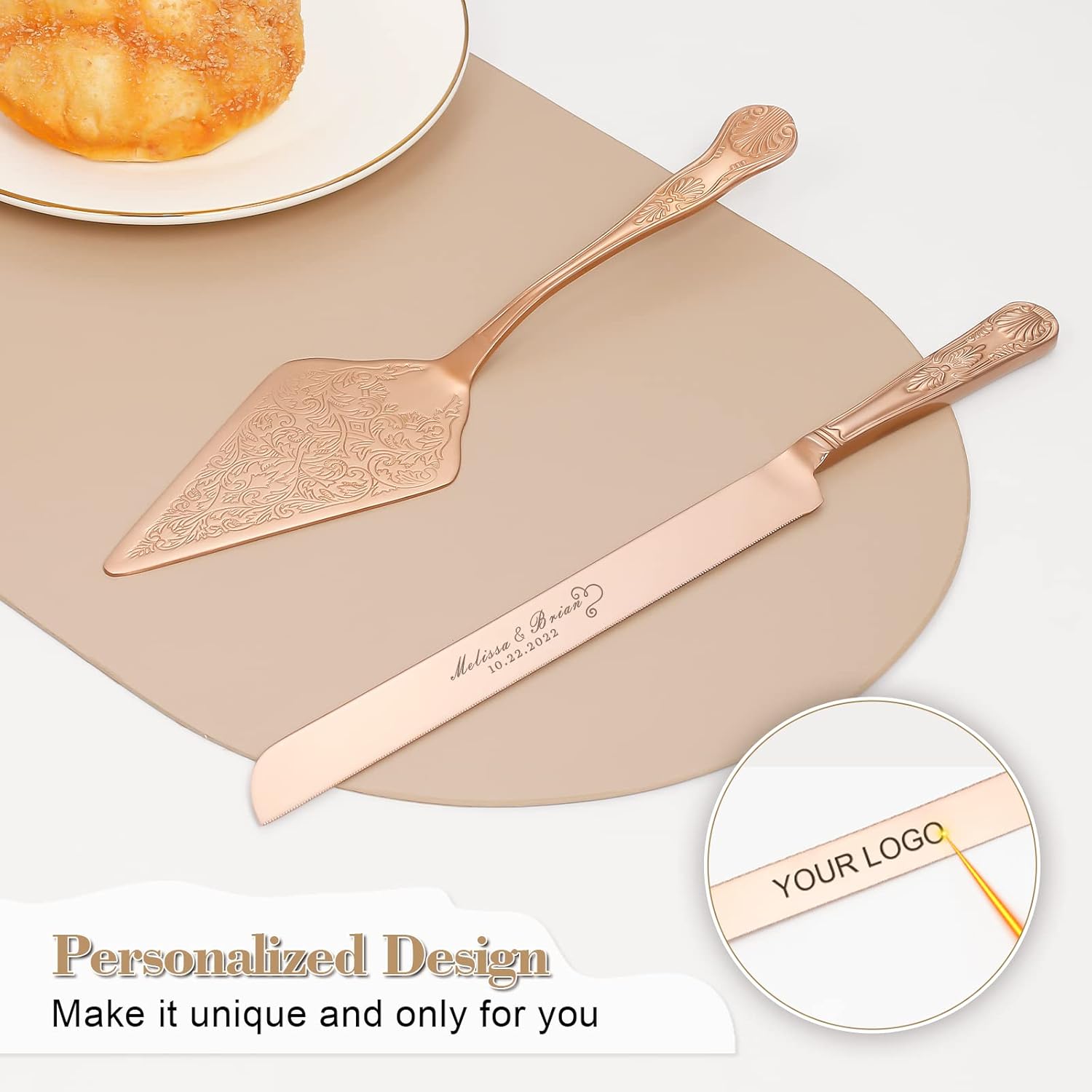 Cake Knife and Server Set, Personalized Cake Cutting Set For Wedding, Rose Gold Cake Cutter Pie Pizza Server Set, Engraved Cake Serving Set for Anniversary Birthday Party Gift (Rose gold)