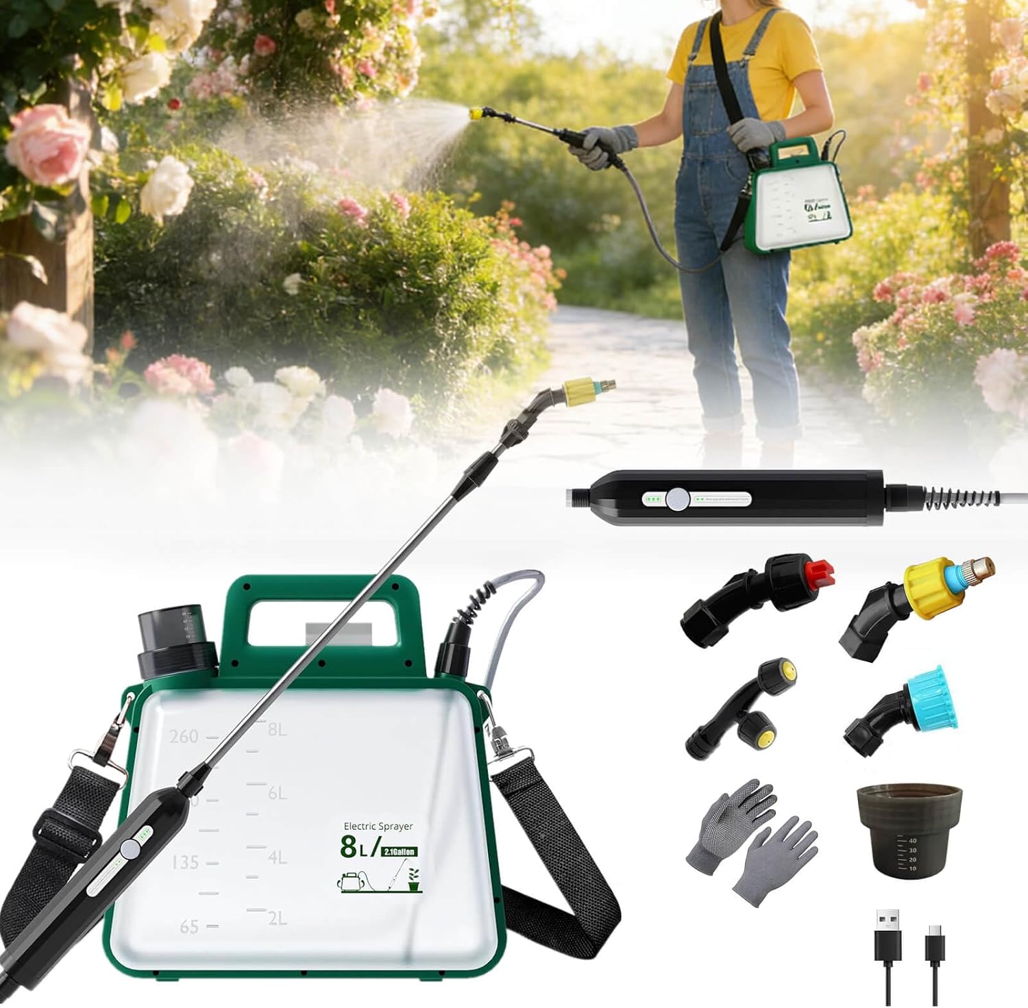 Battery Powered Garden Sprayer 2.1 Gallon,2026 New 2500mA Electric Weed Sprayer with Rechargeable Handle,4 Mist Nozzles, 37" Retractable Wand & Adjustable Shoulder Strap,Weed Sprayers for Lawn & Yard