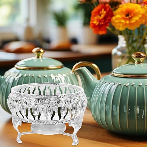 Miniatura 4 de Calentador de té de aleación de plata con soporte para candelitas, base calefactora, soporte para velas para teteras de vidrio, teteras de cerámica